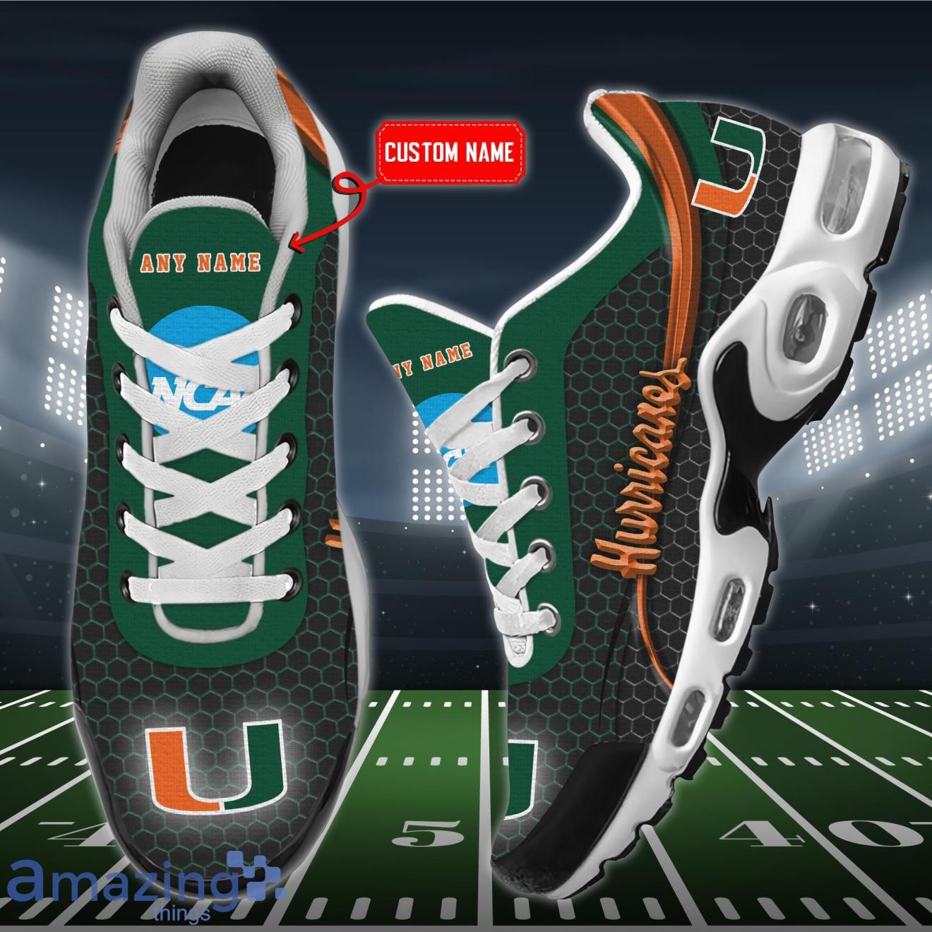 Personalized Miami Hurricanes Team Logo Hexagon Pattern Team Color TN Air Max Shoes Air Cushion Sneakers