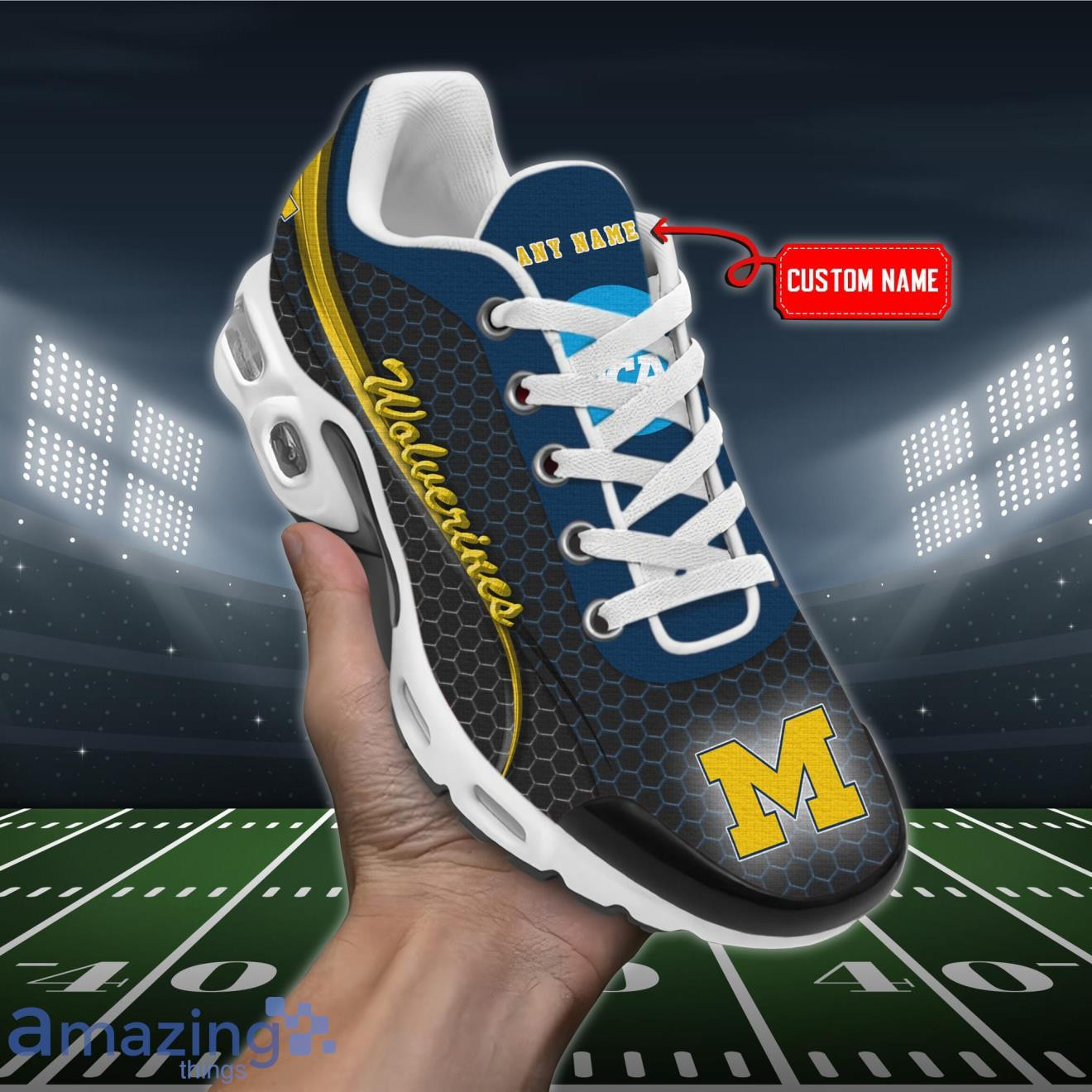 Personalized Michigan Wolverines Team Logo Hexagon Pattern Team Color TN Air Max Shoes Air Cushion Sneakers