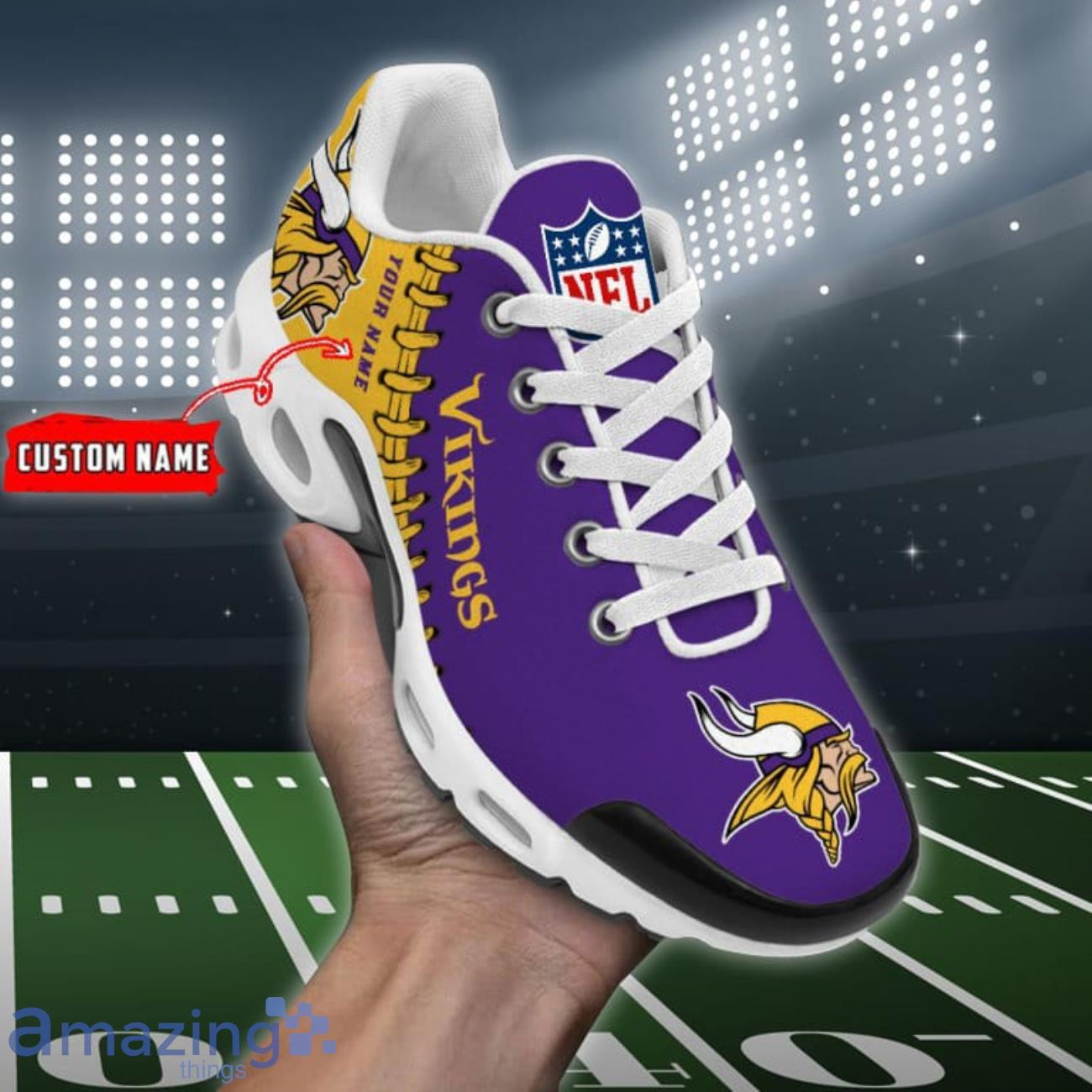 Personalized Minnesota VikingsTeam Logo Rugby Ball Pattern TN Air Max Shoes Air Cushion Sneakers