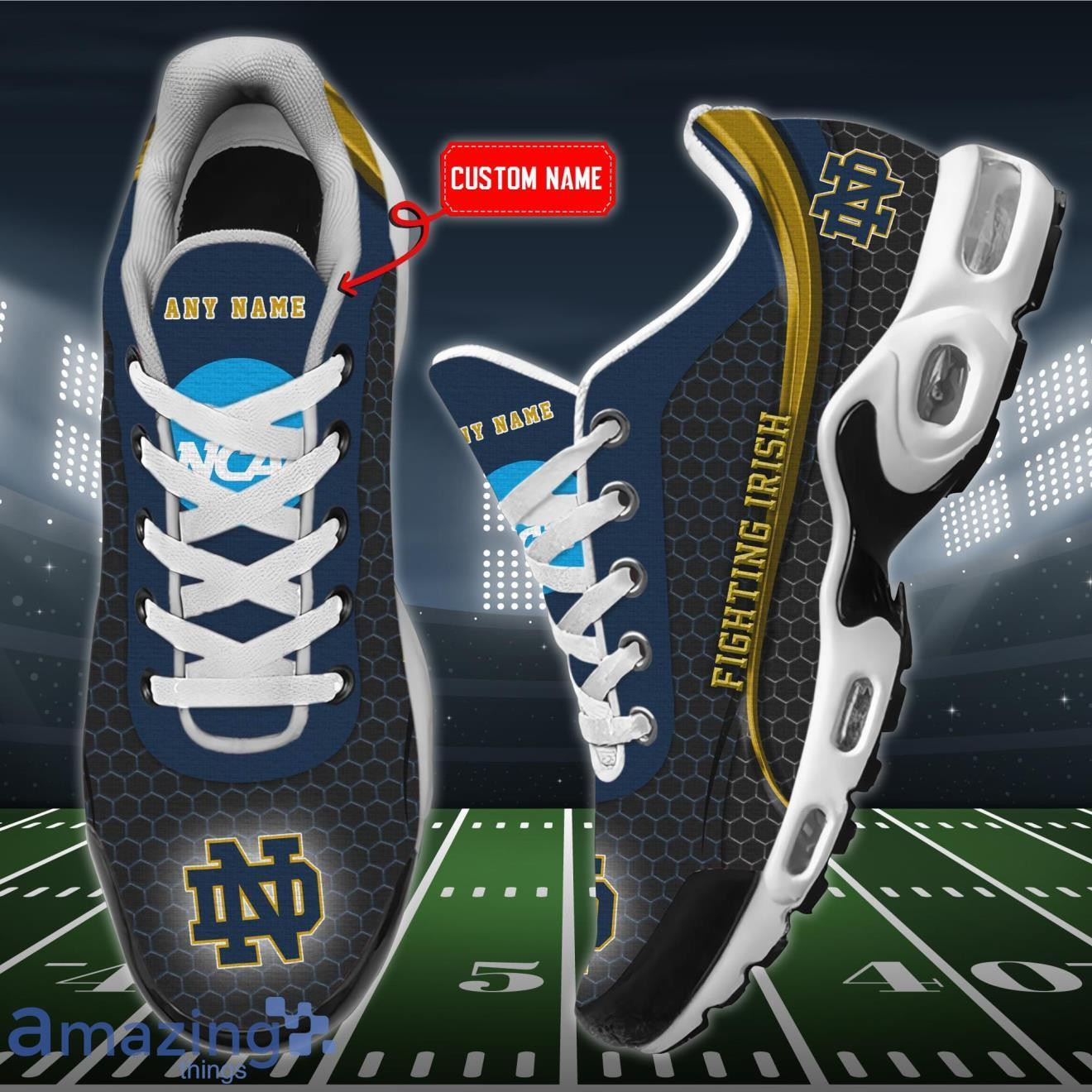 Personalized Notre Dame Fighting Irish Team Logo Hexagon Pattern Team Color TN Air Max Shoes Air Cushion Sneakers