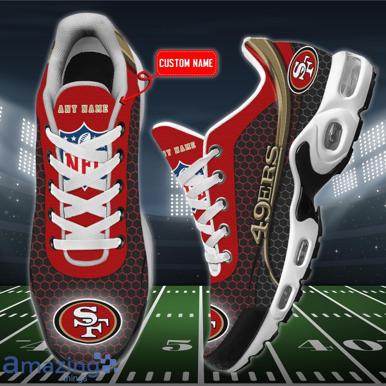 Personalized San Francisco 49ers Team Logo Hexagon Pattern Team Color TN Air Max Shoes Air Cushion Sneakers