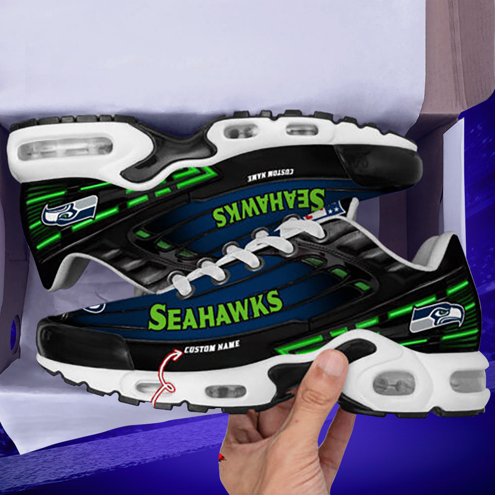 Personalized Seattle SeahawksBlack And Team Color Stripes Black TN Air Max Shoes Air Cushion Sneakers