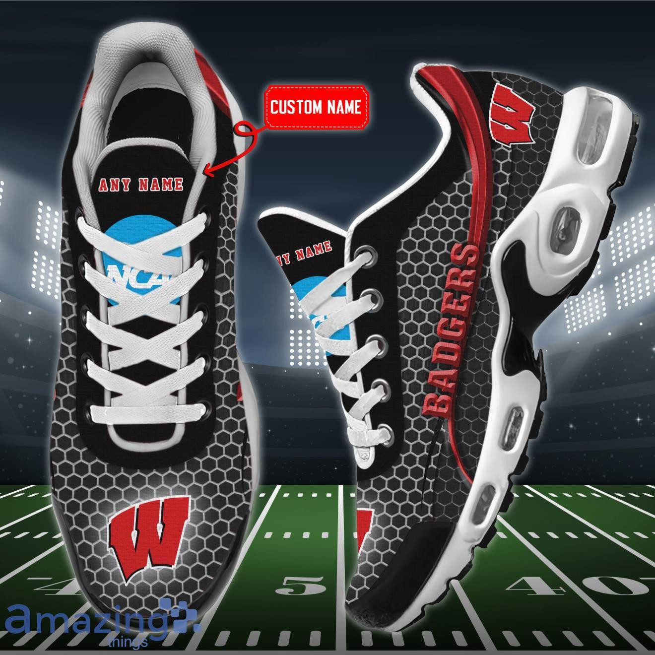 Personalized Wisconsin Badgers Team Logo Hexagon Pattern Team Color TN Air Max Shoes Air Cushion Sneakers