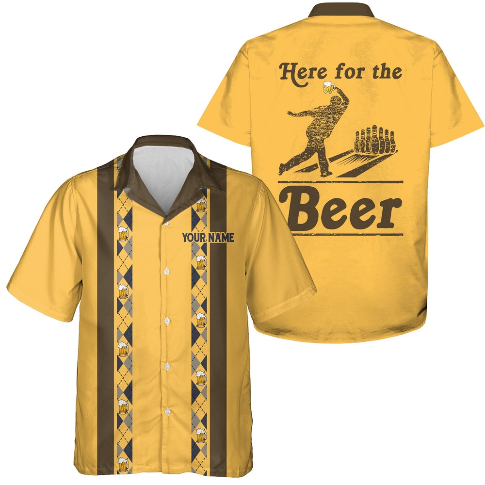 Personalized Yellowretro Bowling Hawaiian Shirts, Custom Here For The Beer Team Button Up Shirts, Bowling Team Hawaiian