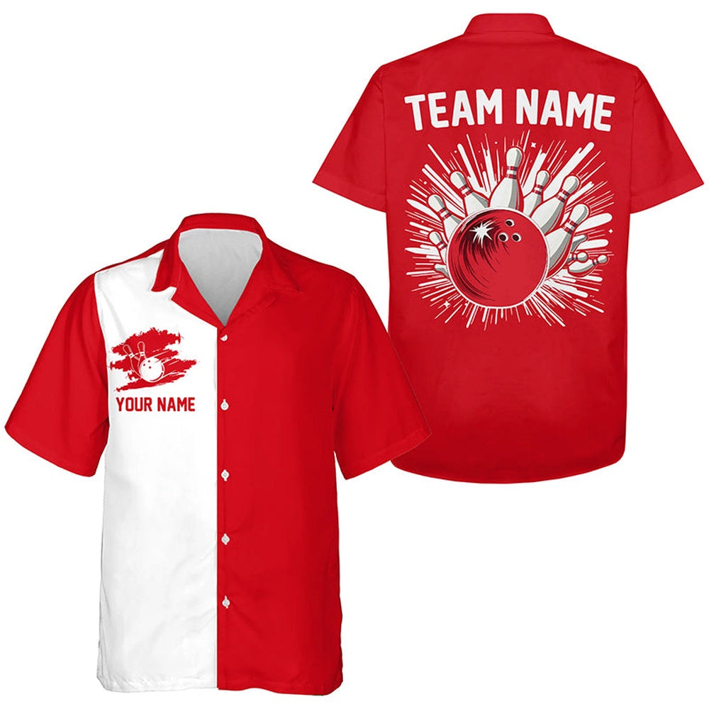 Red And Whiteretro Bowling Hawaiian Shirts, Custom Team Bowling Button Up Shirts, Bowling Team Hawaiian
