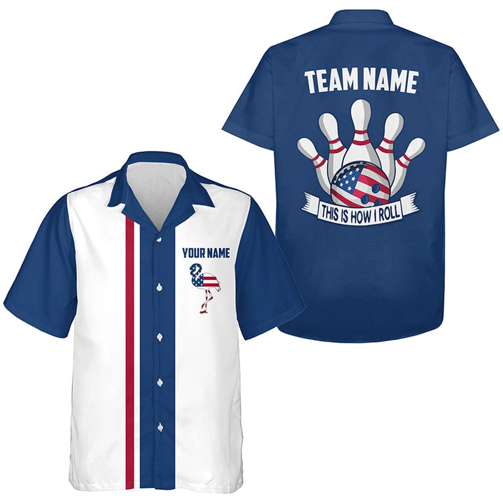 Red White And Bluebowling Hawaiian Shirts, Custom American Flag Flamingo Bowling Button Up Shirts, Bowling Team Hawaiian
