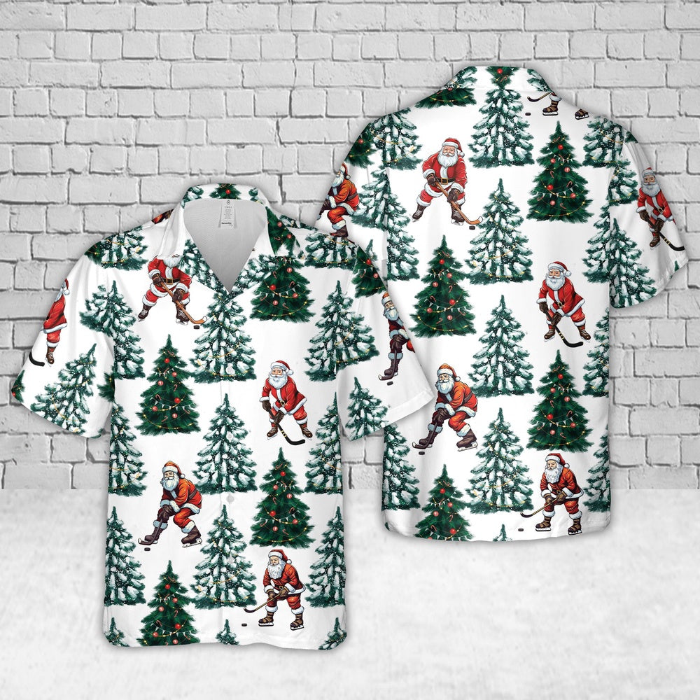 Santa Playing Ice Hockey Christmas Hawaiian Shirt, Xmas Hawaiian Shirts, Christmas Aloha Shirts