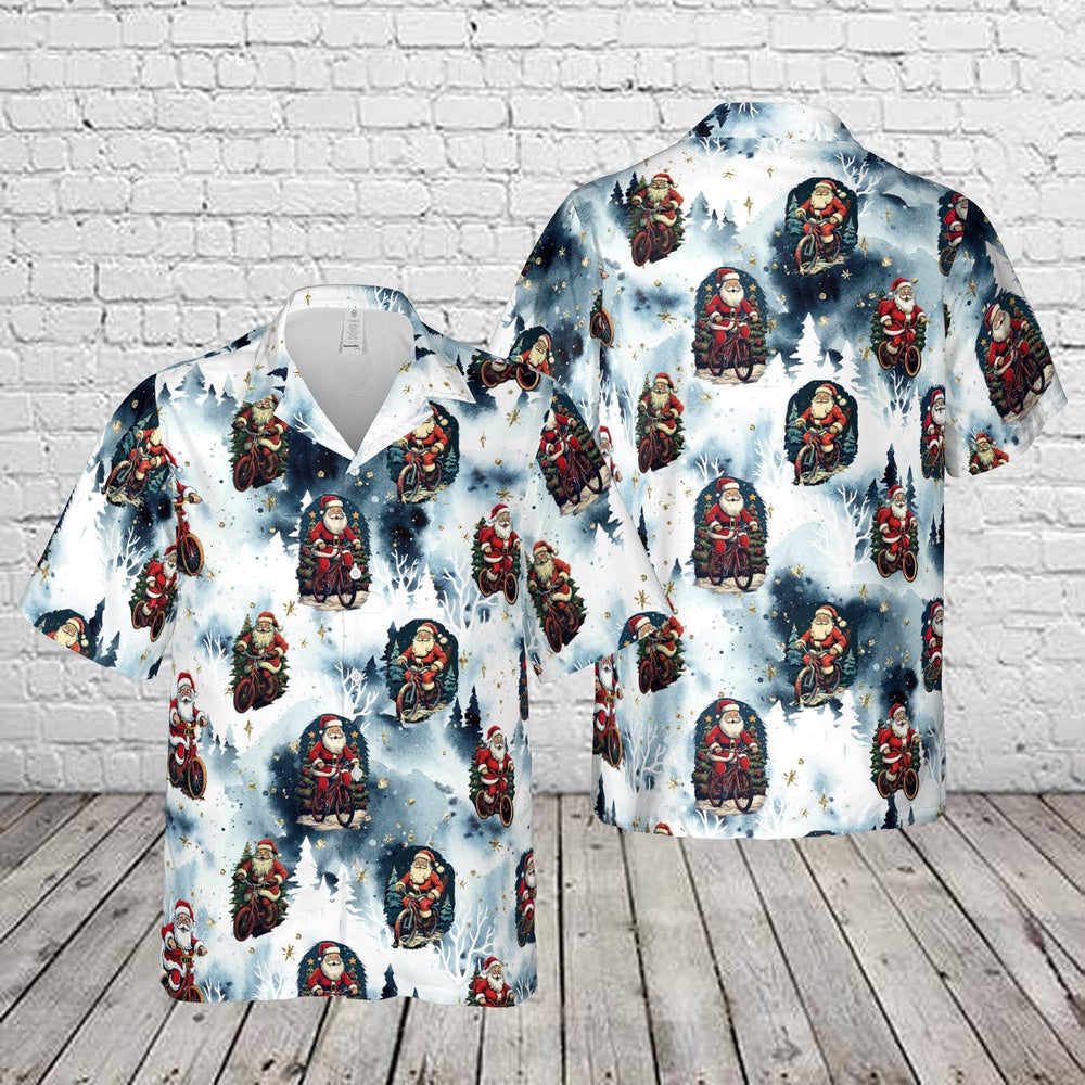 Santa Riding Bicycle Christmas Hawaiian Shirt, Xmas Hawaiian Shirts, Christmas Aloha Shirts