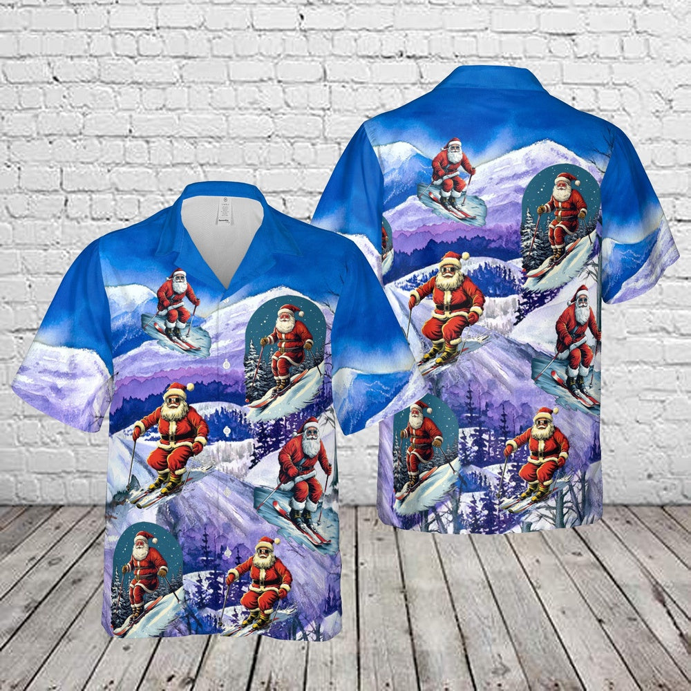 Santa Skiing Christmas Hawaiian Shirt, Xmas Hawaiian Shirts, Christmas Aloha Shirts