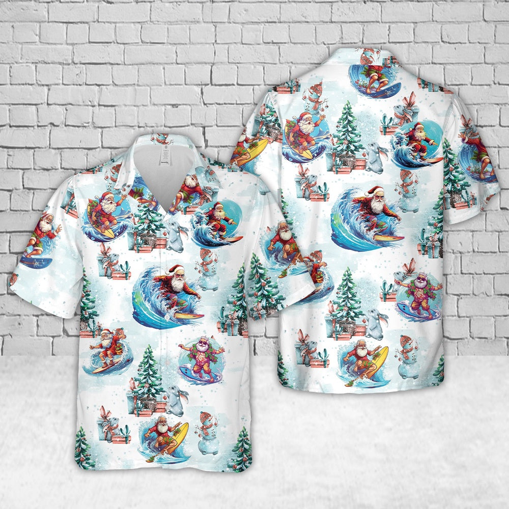 Santa Surfing Tropical Christmas Hawaiian Shirt, Xmas Hawaiian Shirts, Christmas Aloha Shirts