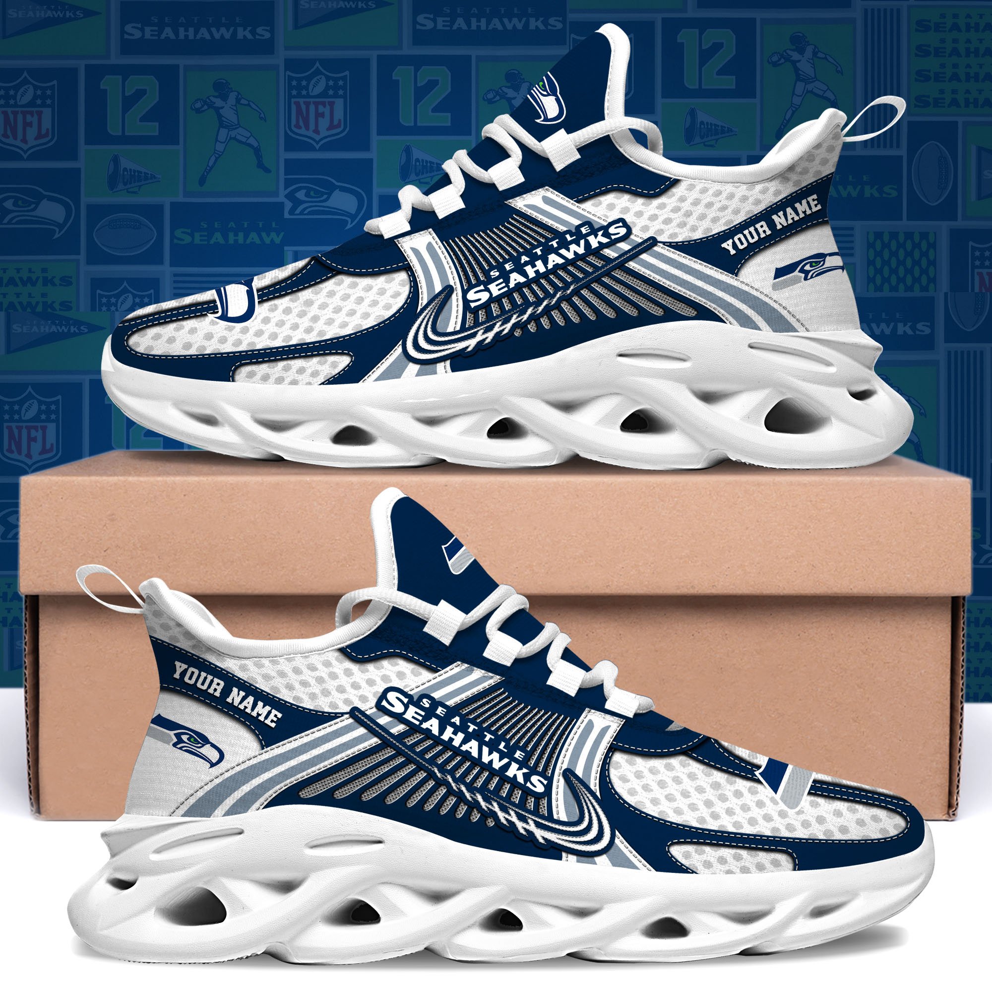 Seattle Seahawks Clunky Sneakers Custom Your Name, Sport Sneakers For Fans, Gifts For Sport Lovers, Gift For Dad