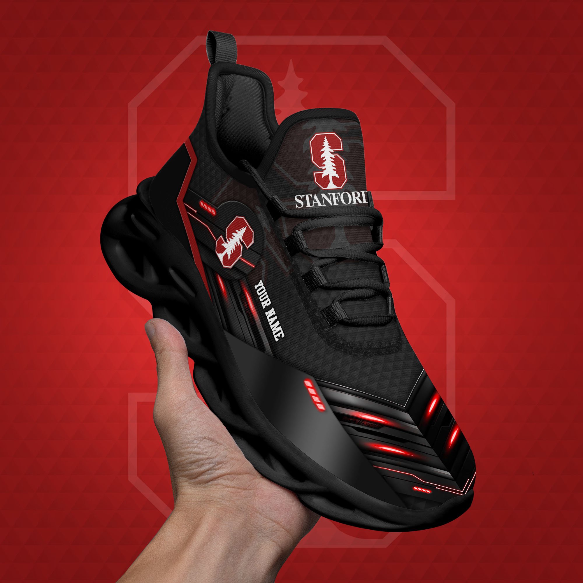 Stanford Cardinal Black Clunky Sneaker Custom Name, Max Soul Shoes, Sport Gifts For Fan