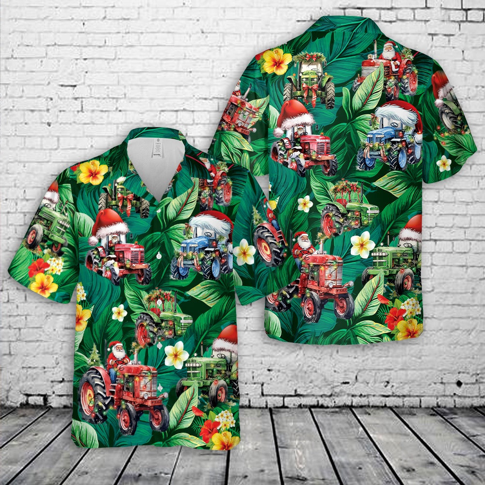 Tractor Christmas Tropical Leaves Hawaiian Shirt, Xmas Hawaiian Shirts, Christmas Aloha Shirts