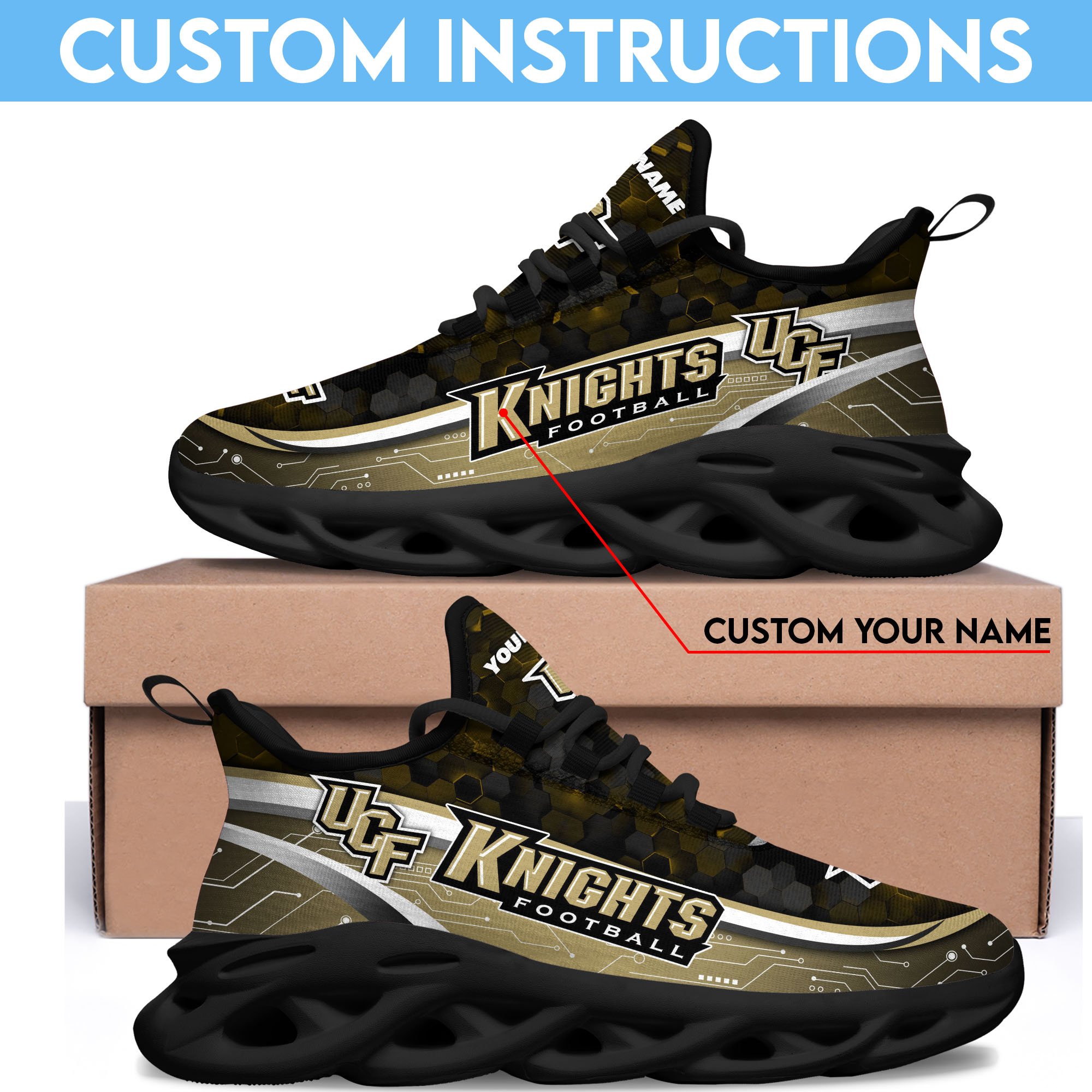 UCF Knights Black Clunky Sneakers Custom Name, Max Soul Shoes, Sport Gifts
