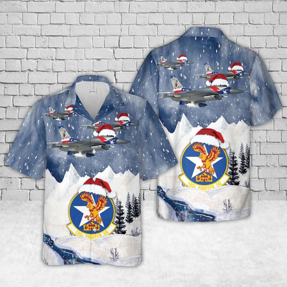 US Air Force Texas Air National Guard 182d Fighter Squadron F-16 Fighting Falcon Christmas Hawaiian Shirt, Xmas Hawaiian Shirts