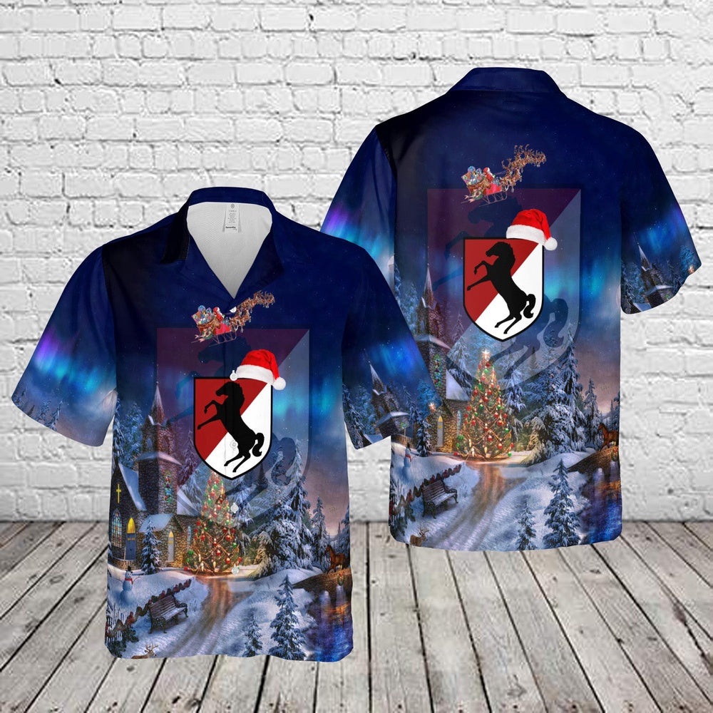 US Army 11th Armored Cavalry Regiment 11th ACR Blackhorse Christmas Hawaiian Shirt, Xmas Hawaiian Shirts, Christmas Aloha Shirts