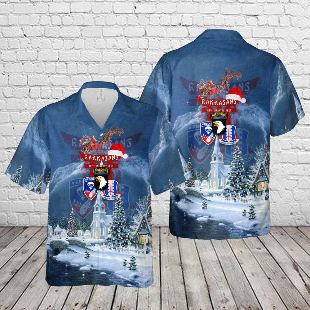 US Army 187th Infantry Regiment Rakkasans 101st Airborne Division Christmas Hawaiian Shirt, Xmas Hawaiian Shirts, Christmas Aloha Shirts
