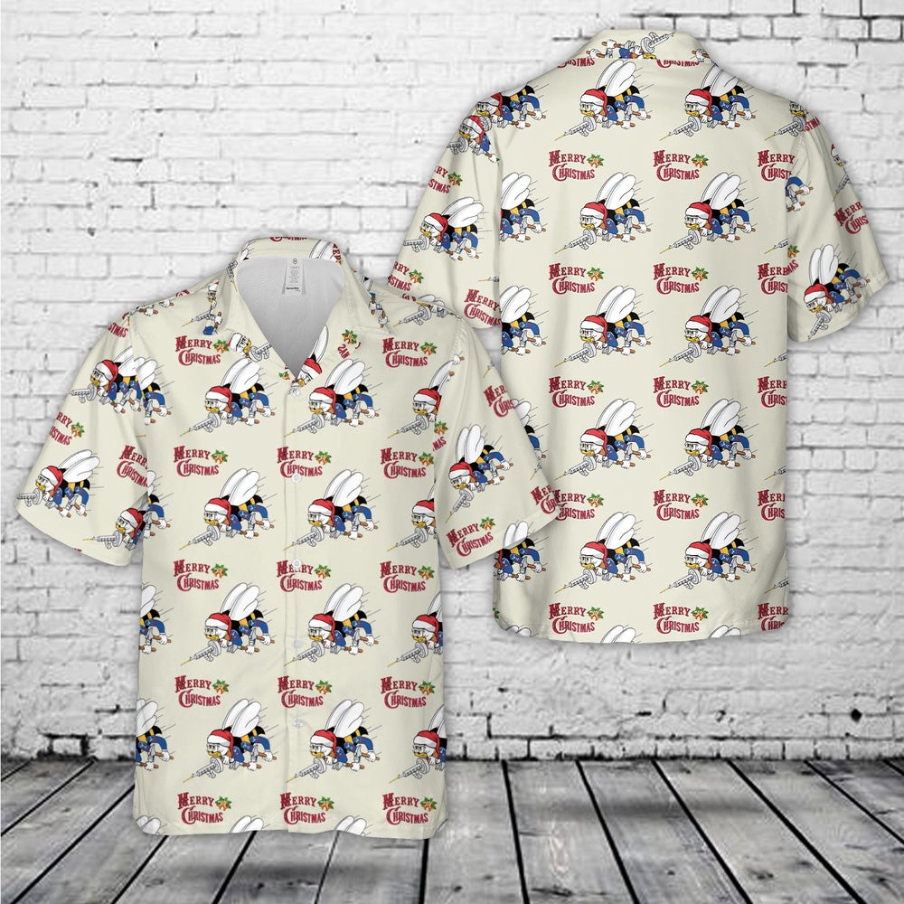 US Navy Seabee Santa Christmas Hawaiian Shirt, Xmas Hawaiian Shirts, Christmas Aloha Shirts