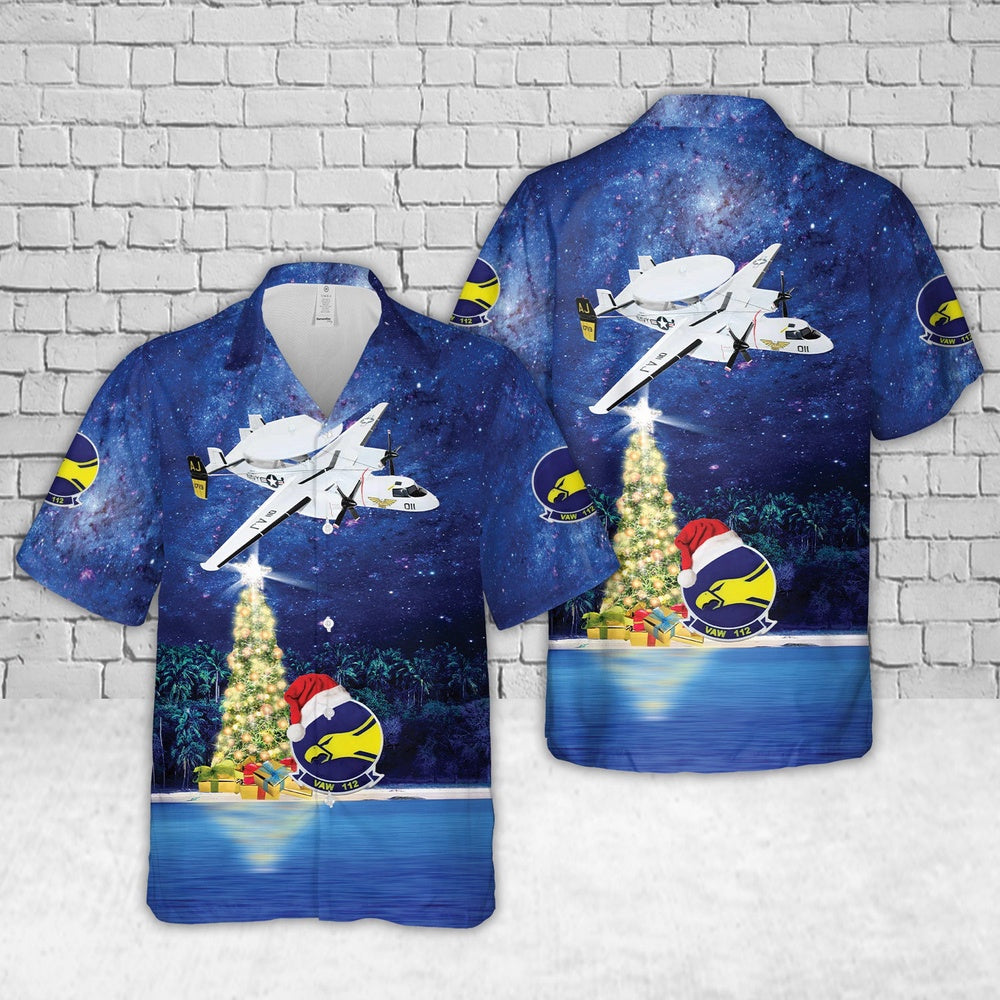 US Navy VAW-112 Golden Hawks (1978 USS Nimitz) E-2C Christmas Hawaiian Shirt, Xmas Hawaiian Shirts, Christmas Aloha Shirts