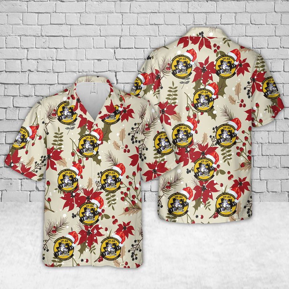 US Navy VF-84 Jolly Rogers Christmas Hawaiian Shirt, Xmas Hawaiian Shirts, Christmas Aloha Shirts