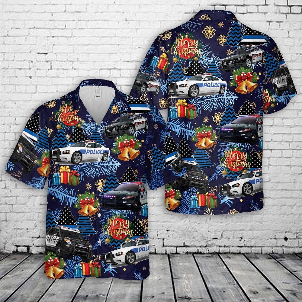 US Police Cars Blue Line Christmas Tree Hawaiian Shirt, Xmas Hawaiian Shirts, Christmas Aloha Shirts