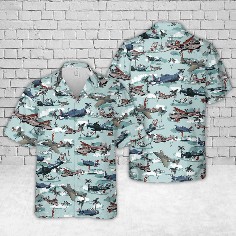 USA WWII Aircraft Christmas Hawaiian Shirt, Xmas Hawaiian Shirts, Christmas Aloha Shirts