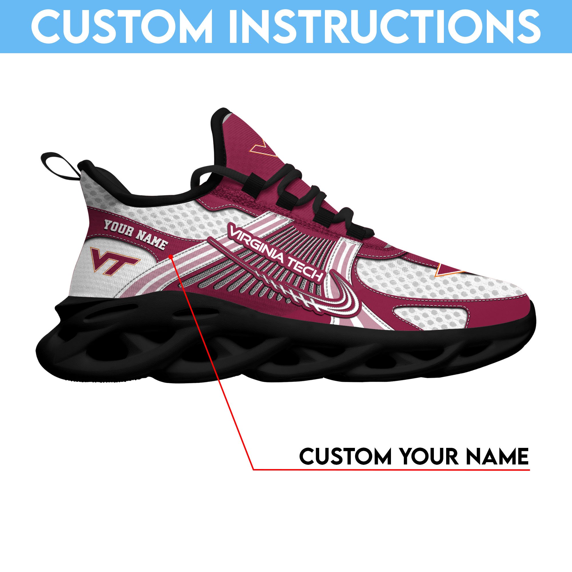 Virginia Tech Hokies Clunky Sneakers Custom Your Name, Sport Sneakers, Sport Gifts For Fan, Gifts For Him