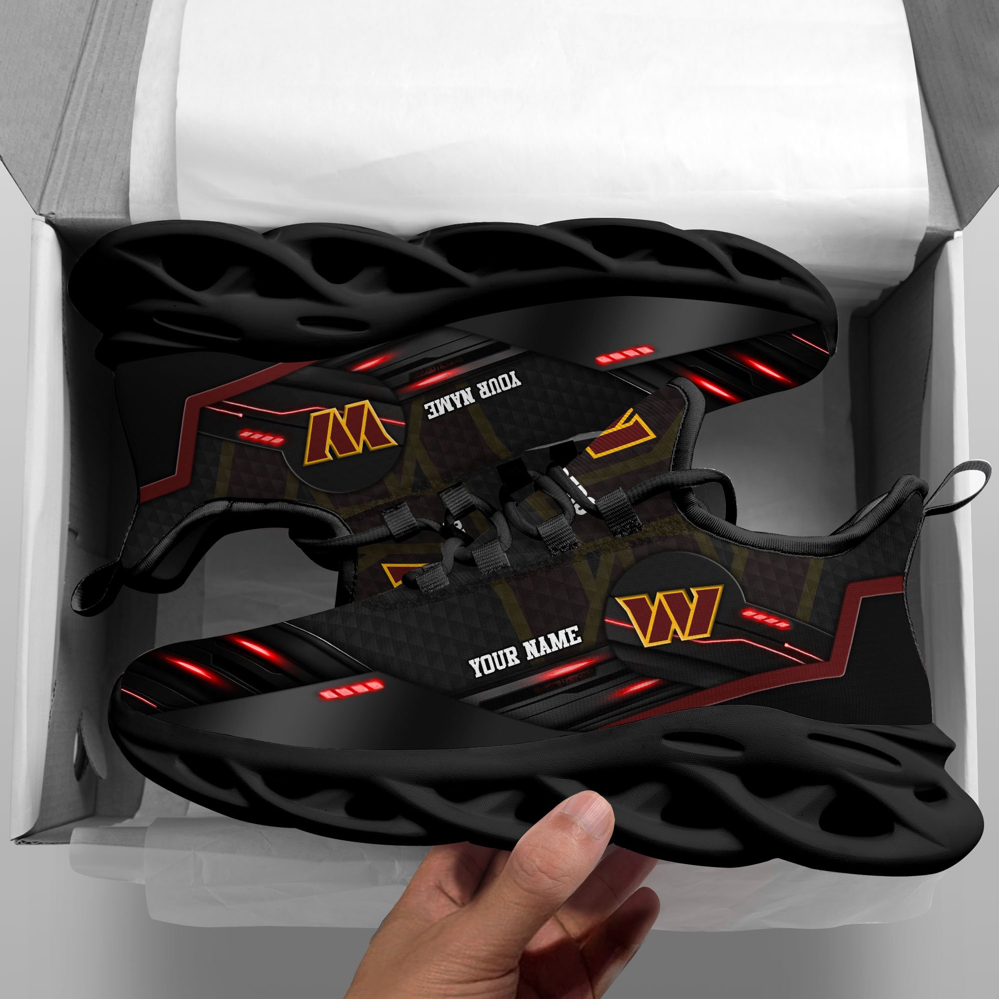 Washington Commanders Black Clunky Sneaker Custom Name, Max Soul Shoes, Sport Gifts For Fan