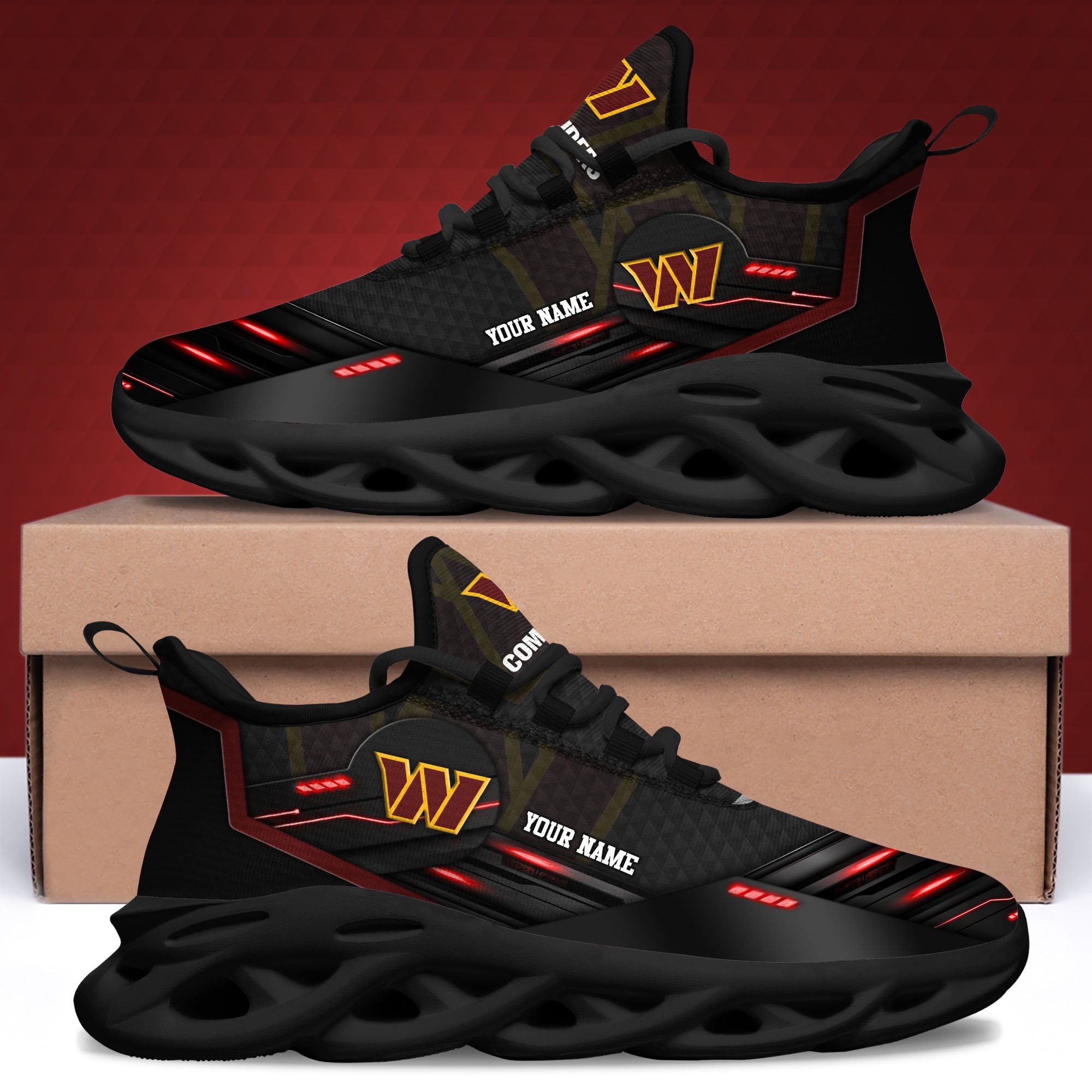 Washington Commanders Black Clunky Sneaker Custom Name, Max Soul Shoes, Sport Gifts For Fan