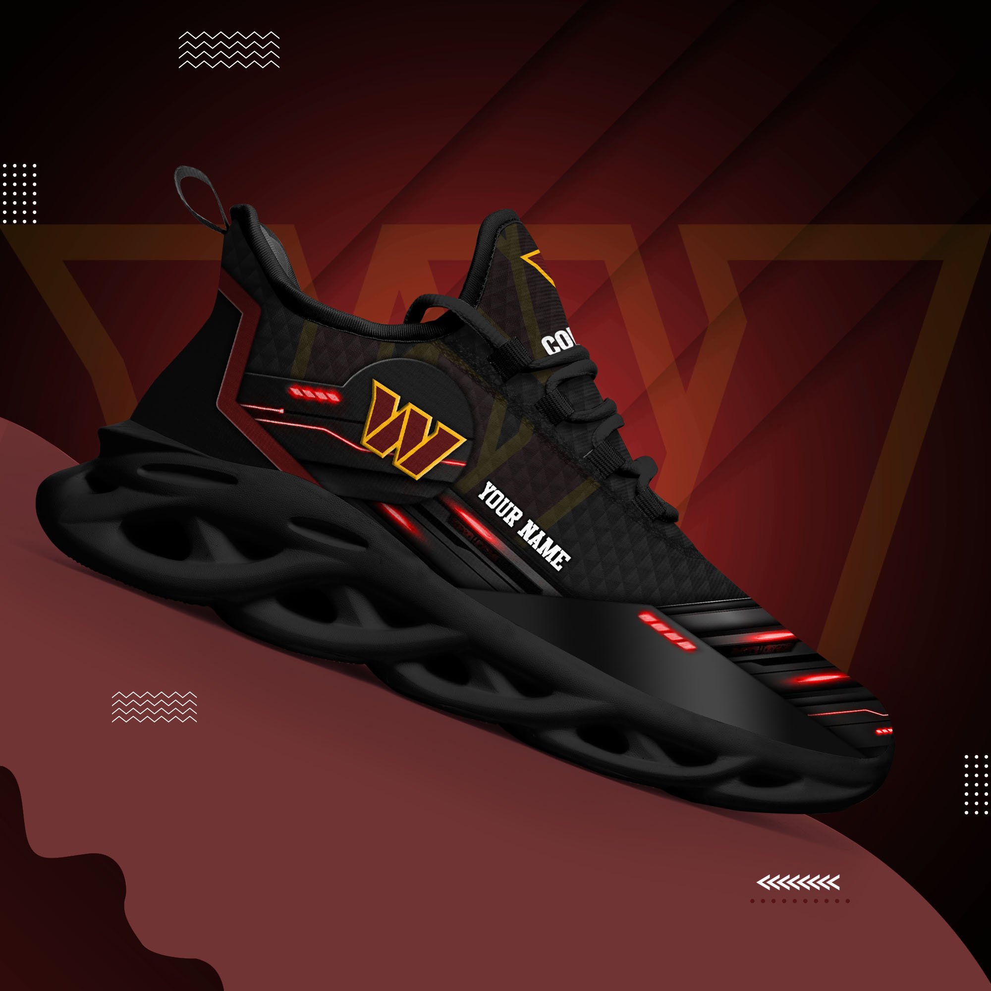 Washington Commanders Black Clunky Sneaker Custom Name, Max Soul Shoes, Sport Gifts For Fan