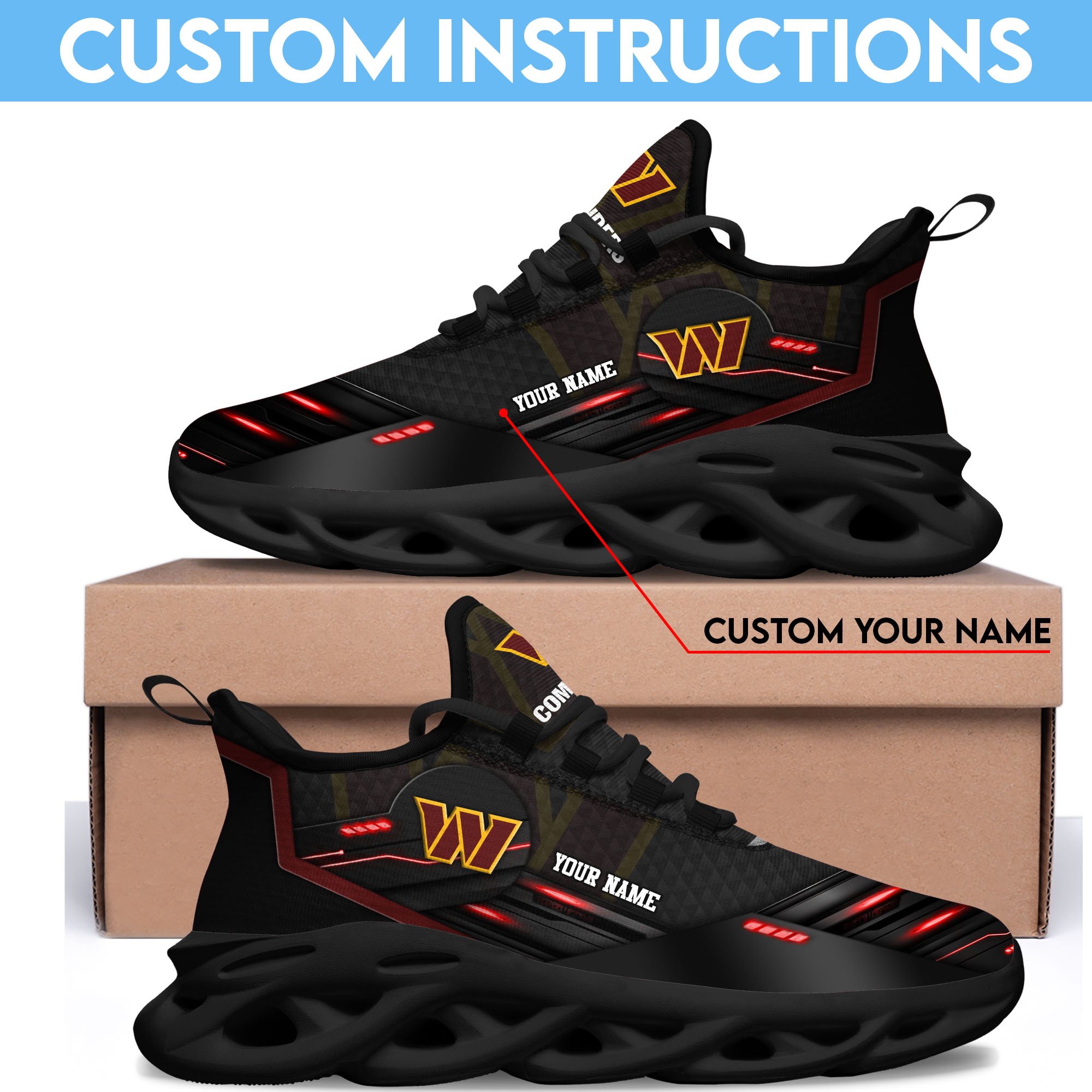 Washington Commanders Black Clunky Sneaker Custom Name, Max Soul Shoes, Sport Gifts For Fan