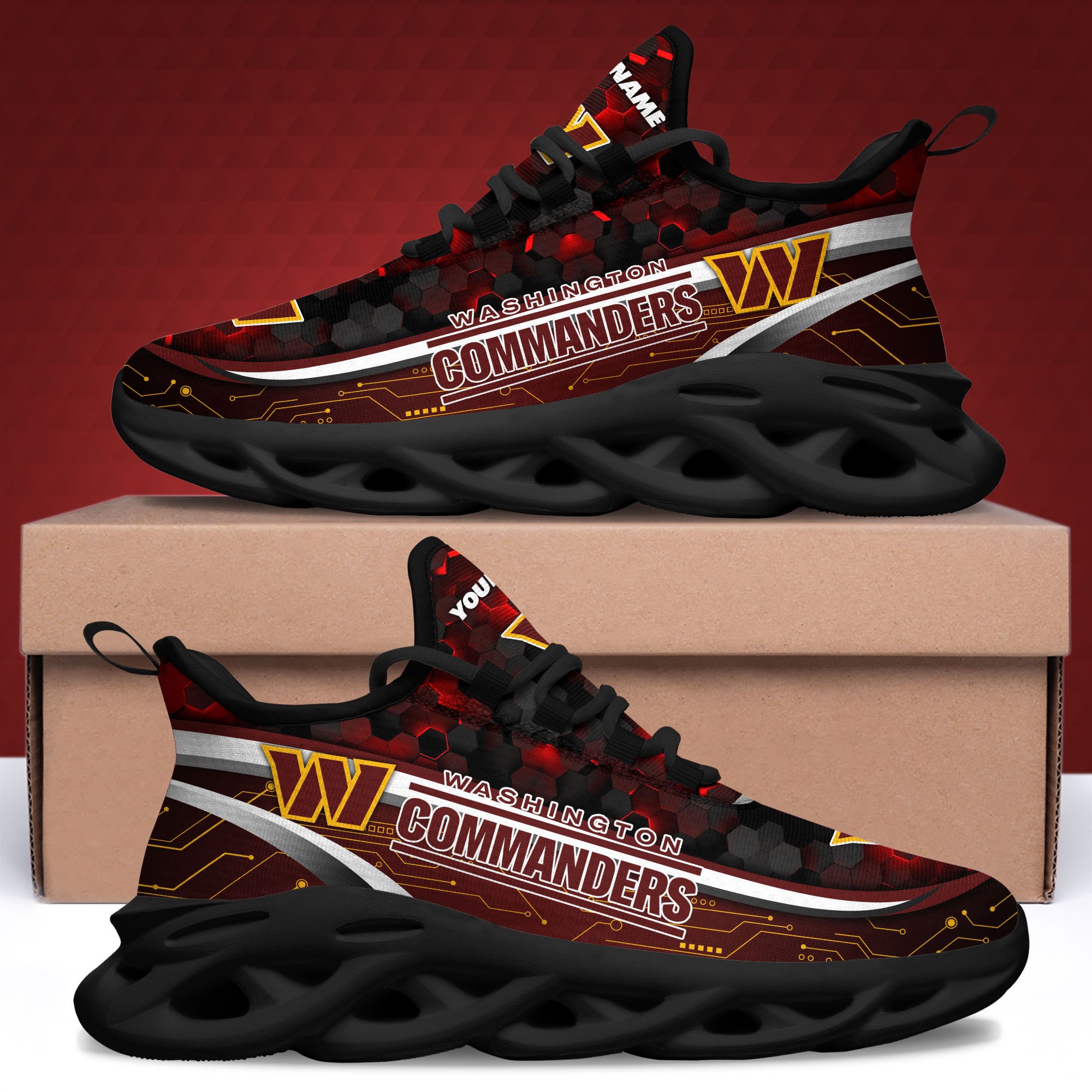 Washington Commanders Black Clunky Sneakers Custom Name, Max Soul Shoes, Sport Gifts