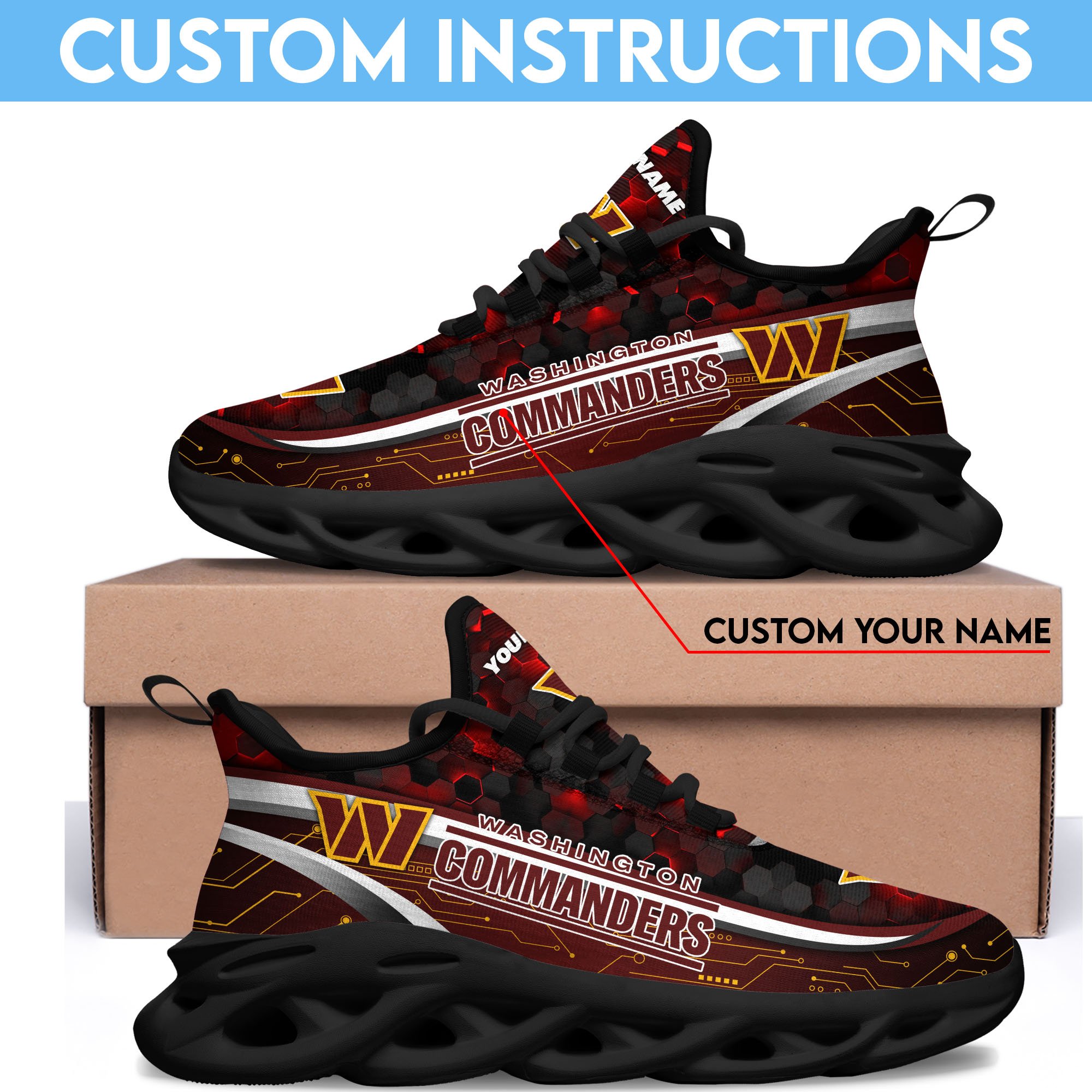 Washington Commanders Black Clunky Sneakers Custom Name, Max Soul Shoes, Sport Gifts