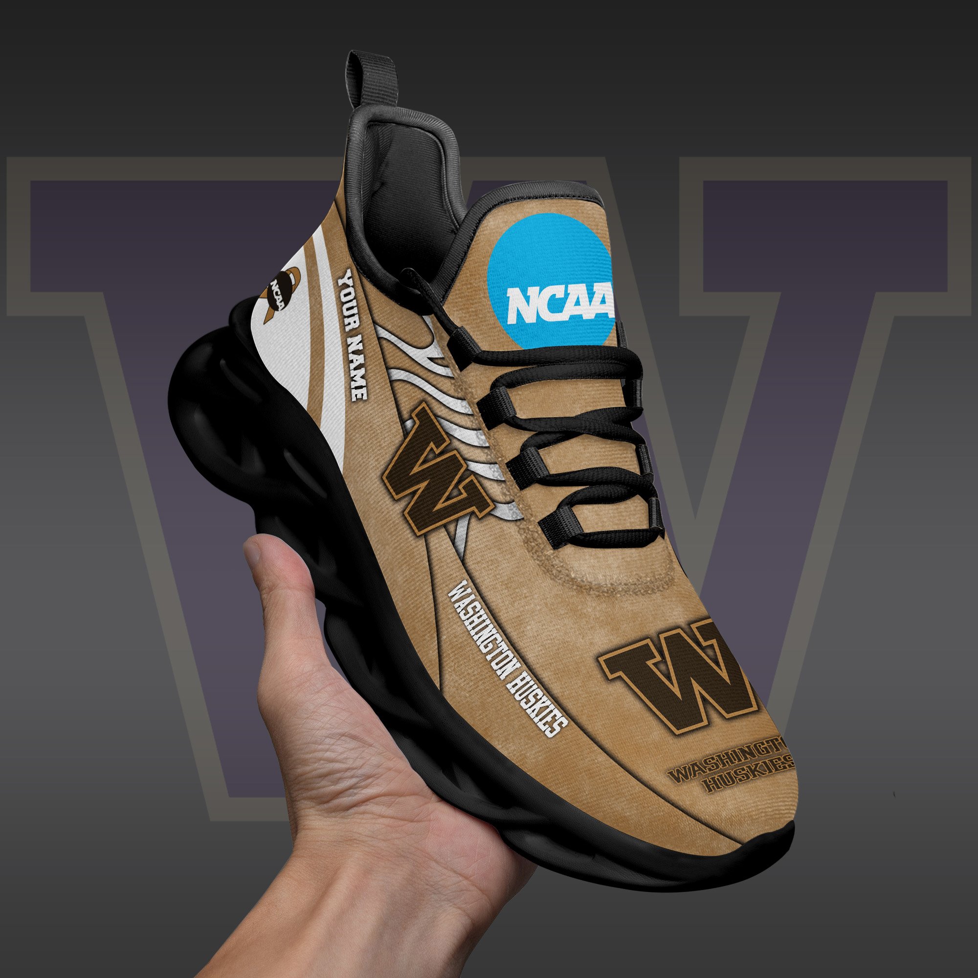 Washington Huskies Black Max Soul Shoes 2025 Versions Custom Your Name And Number 312