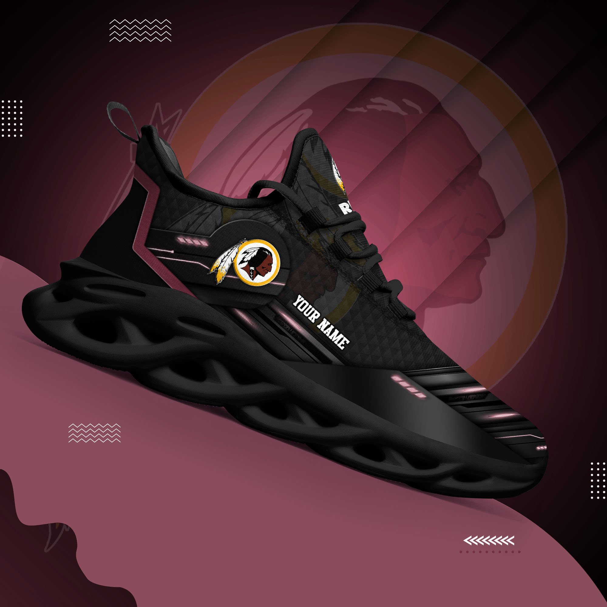 Washington Redskins Black Clunky Sneaker Custom Name, Max Soul Shoes, Sport Gifts For Fan