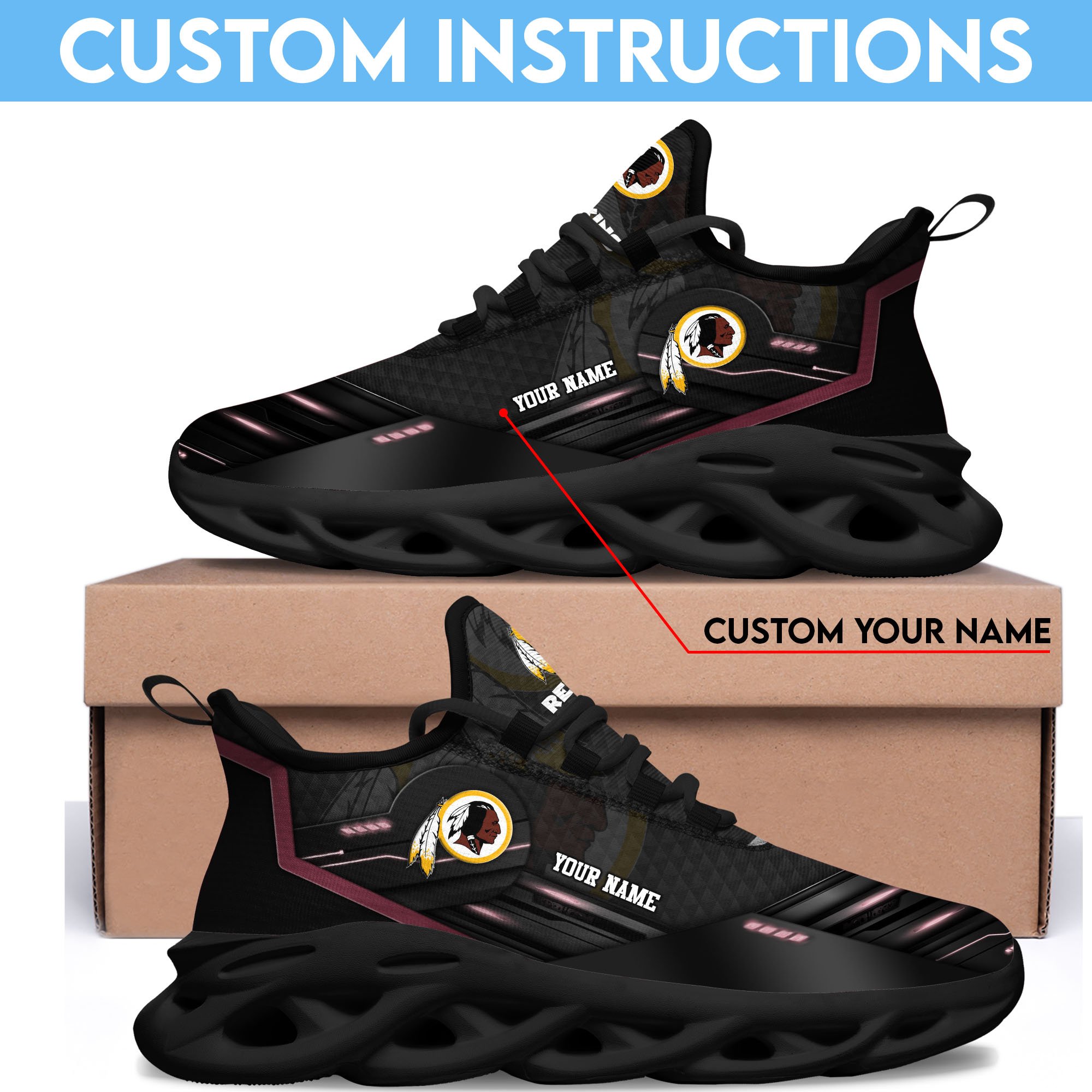Washington Redskins Black Clunky Sneaker Custom Name, Max Soul Shoes, Sport Gifts For Fan