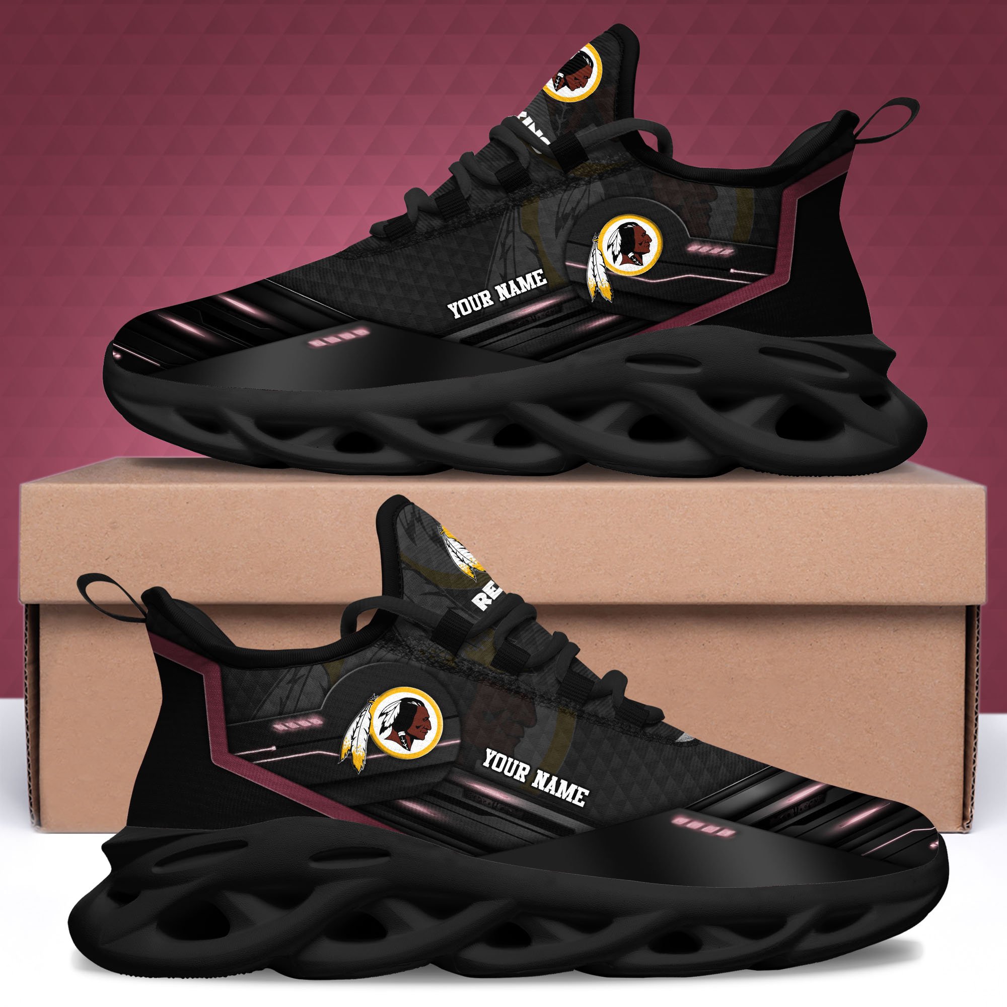 Washington Redskins Black Clunky Sneaker Custom Name, Max Soul Shoes, Sport Gifts For Fan