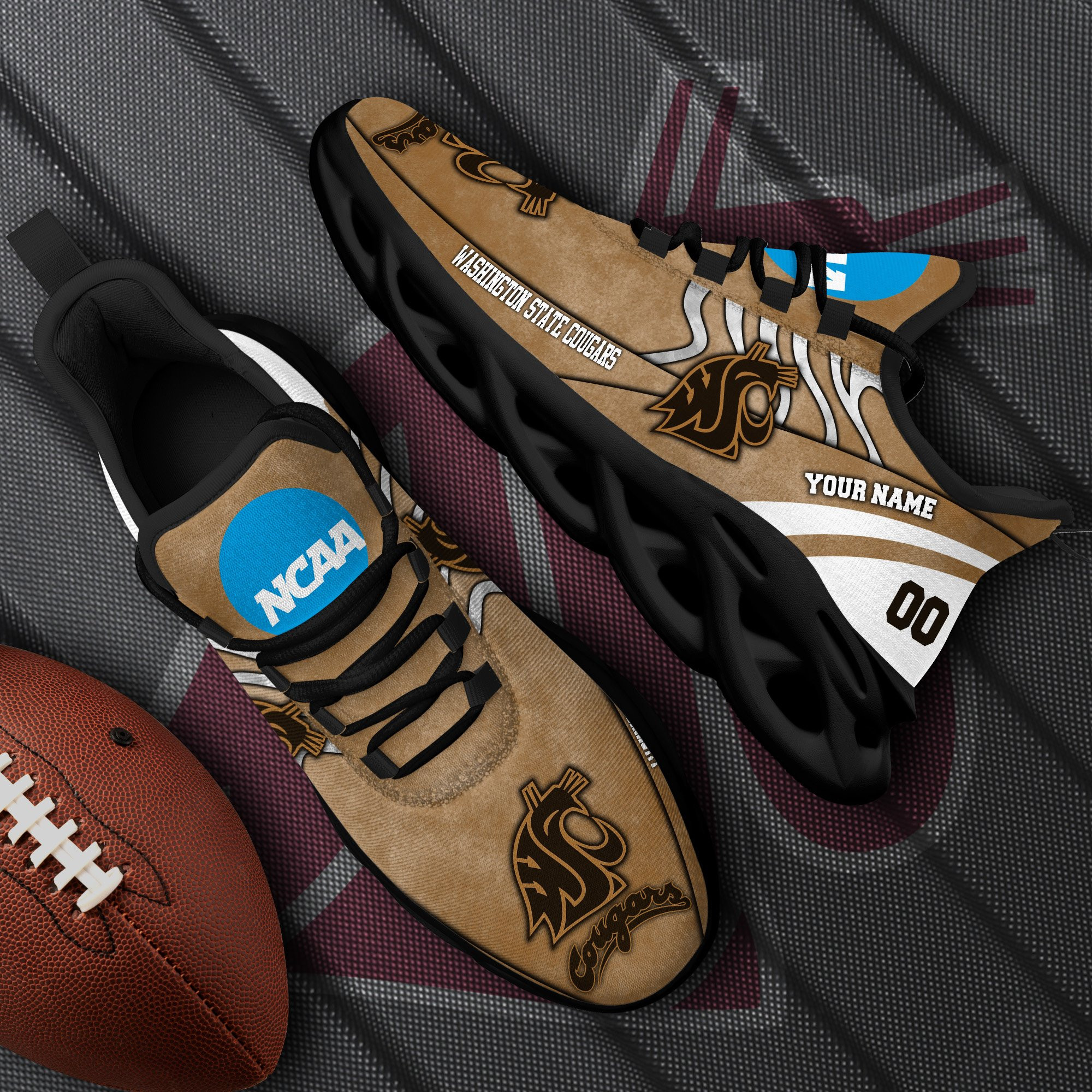 Washington State Cougars Black Max Soul Shoes 2025 Versions Custom Your Name And Number 312