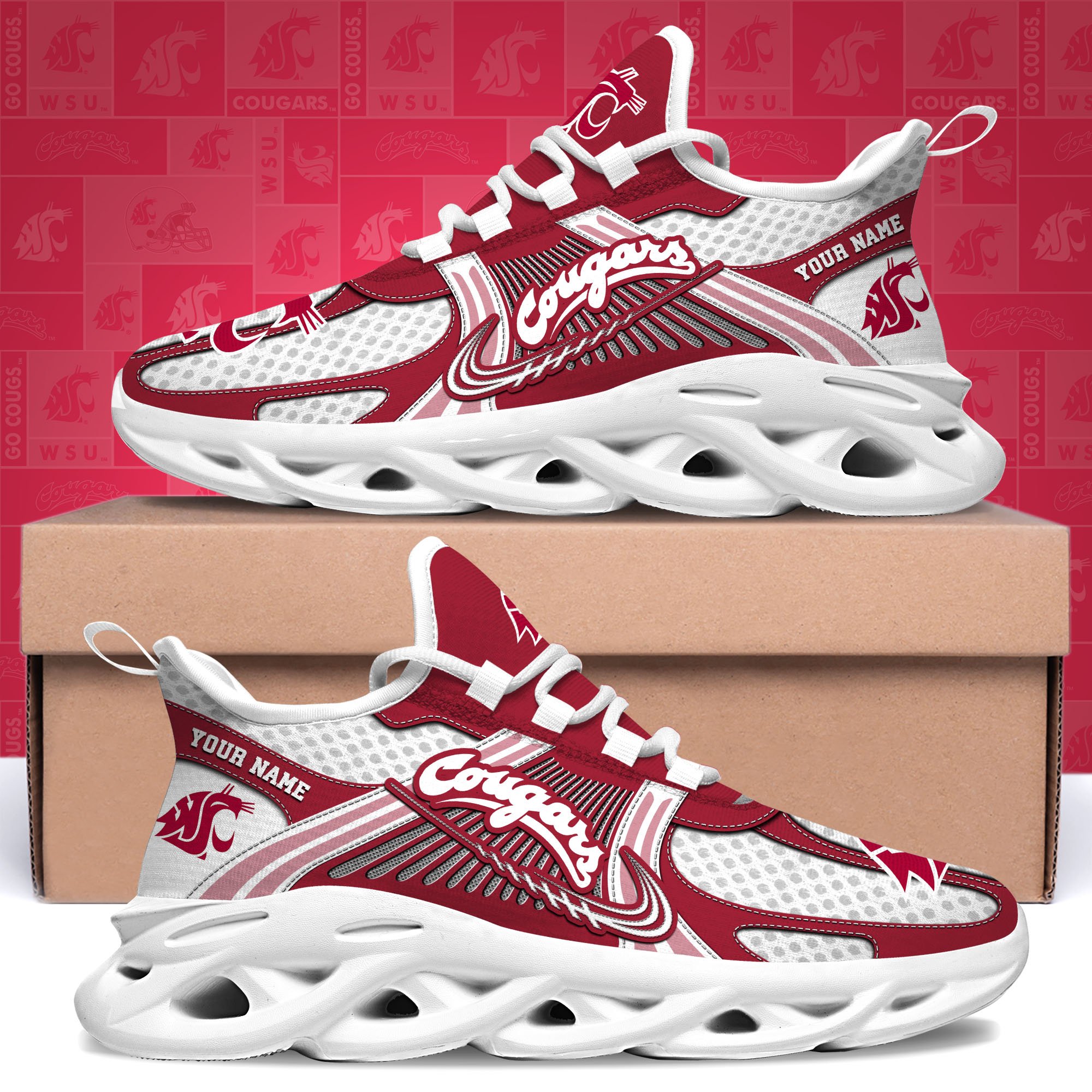 Washington State Cougars Clunky Sneakers Custom Your Name, Sport Sneakers, Sport Gifts For Fan, Gifts For Him
