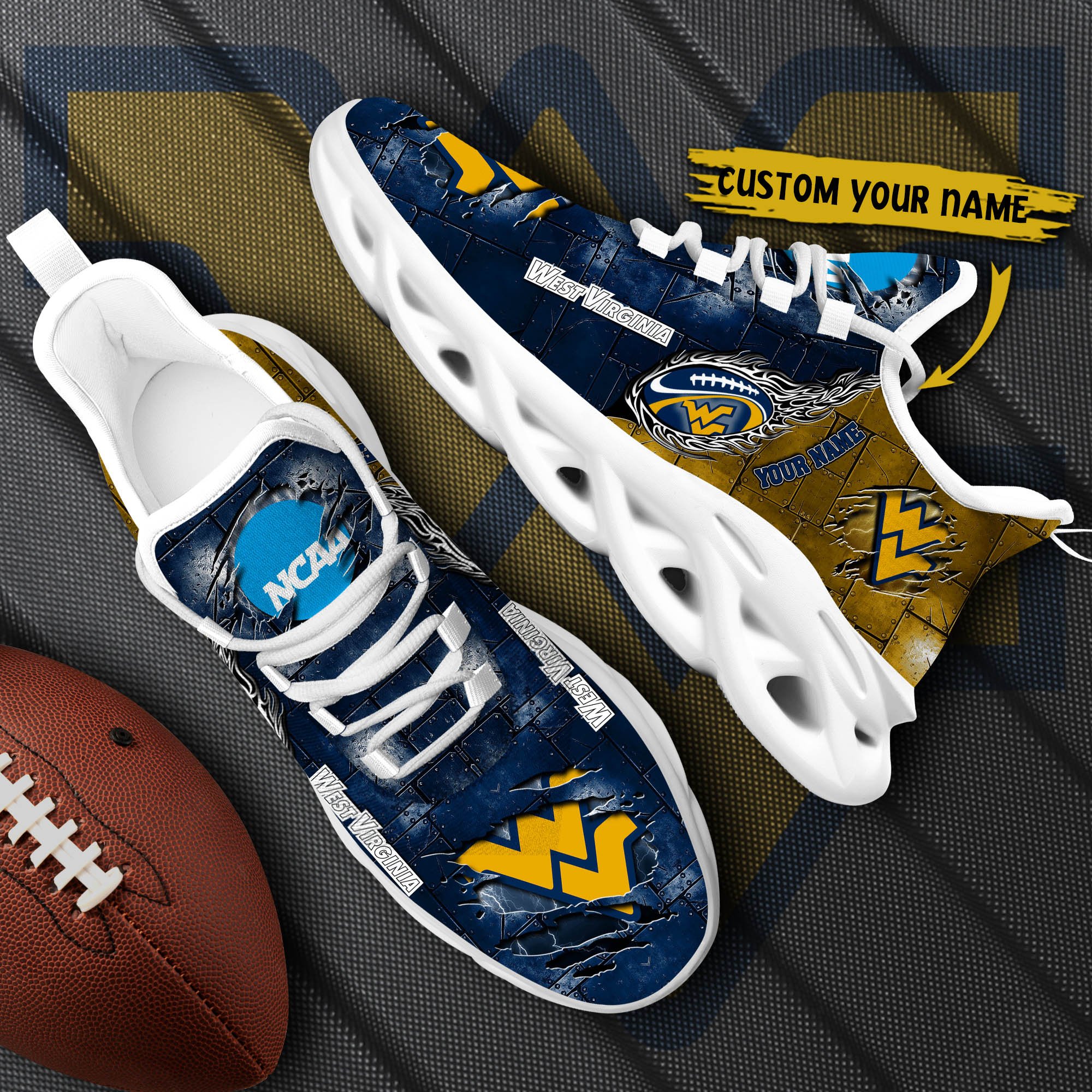 West Virginia Mountaineers Black Max Soul Shoes 2025 Versions, White Max Soul Shoes Custom Your Name PH879