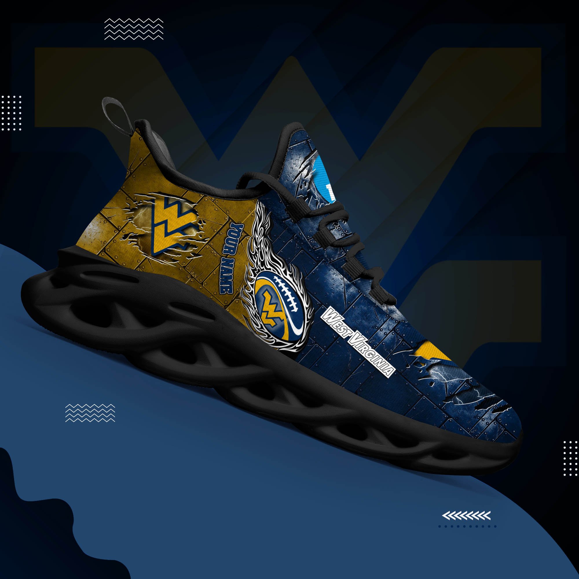 West Virginia Mountaineers Black Max Soul Shoes 2025 Versions, White Max Soul Shoes Custom Your Name PH879