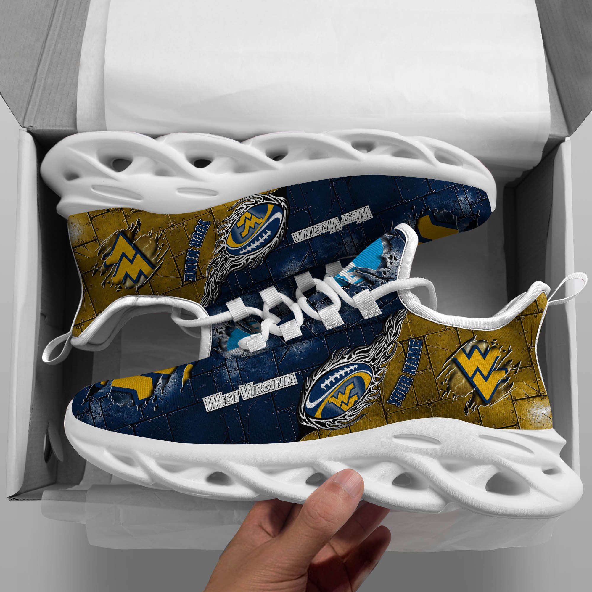 West Virginia Mountaineers Black Max Soul Shoes 2025 Versions, White Max Soul Shoes Custom Your Name PH879