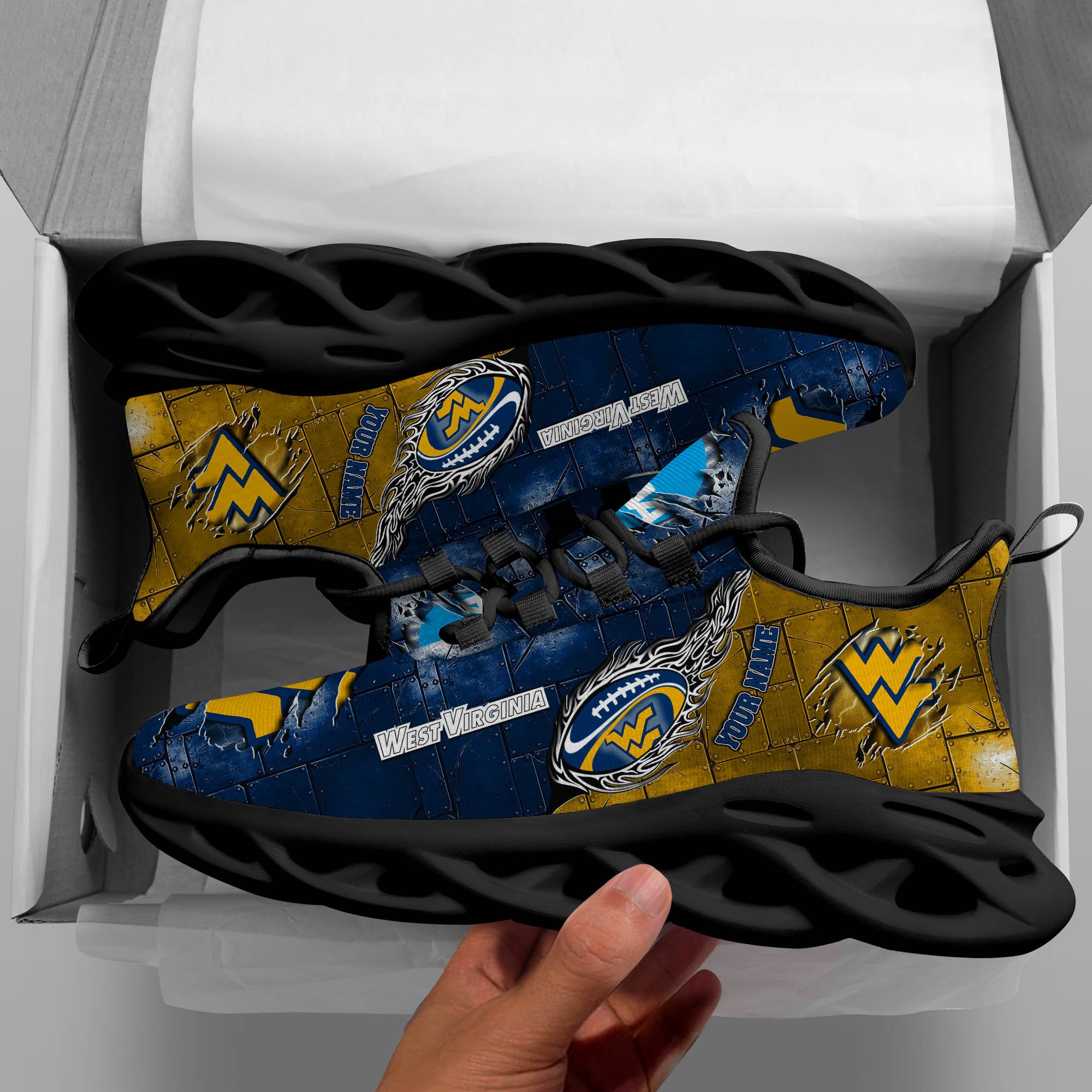 West Virginia Mountaineers Black Max Soul Shoes 2025 Versions, White Max Soul Shoes Custom Your Name PH879