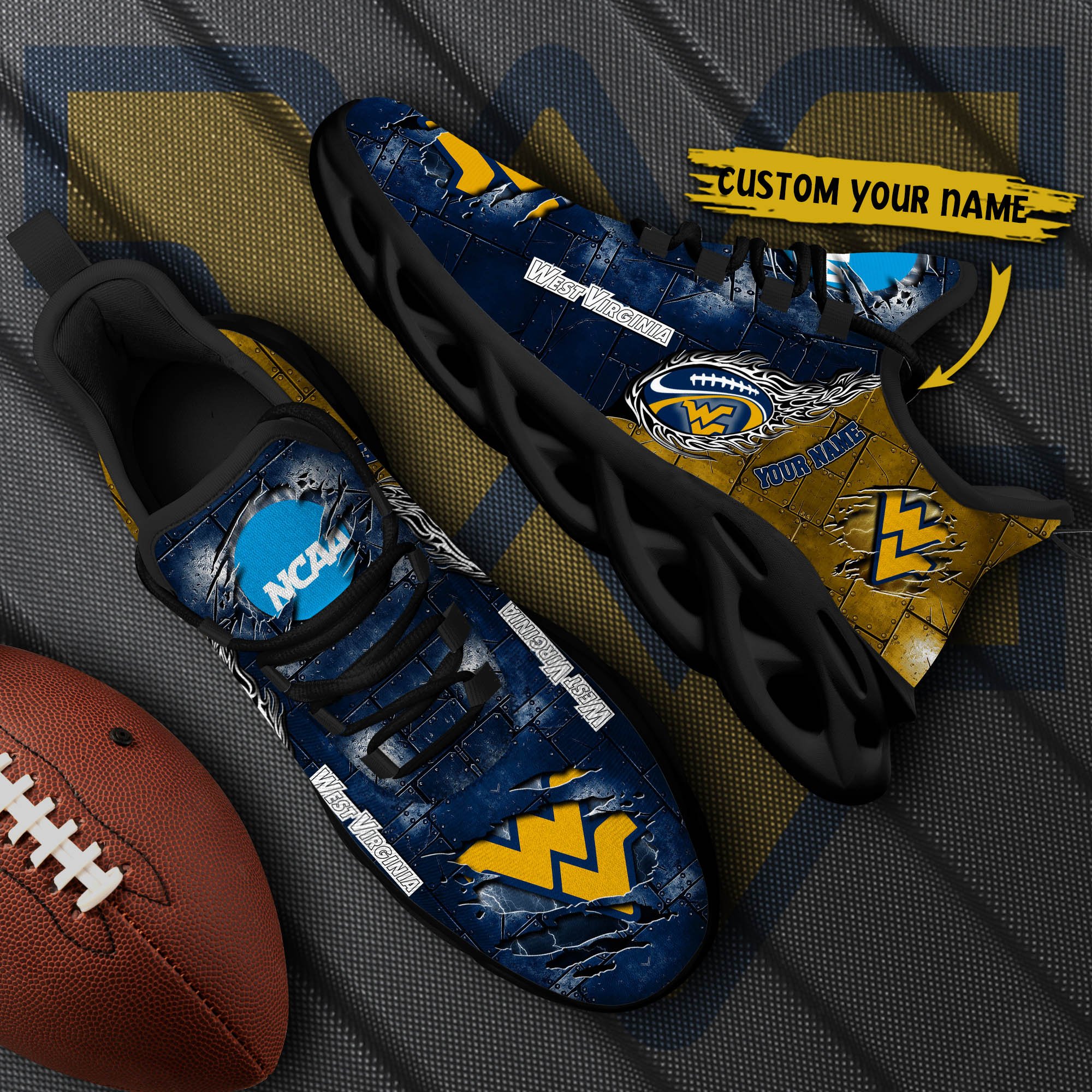 West Virginia Mountaineers Black Max Soul Shoes 2025 Versions, White Max Soul Shoes Custom Your Name PH879