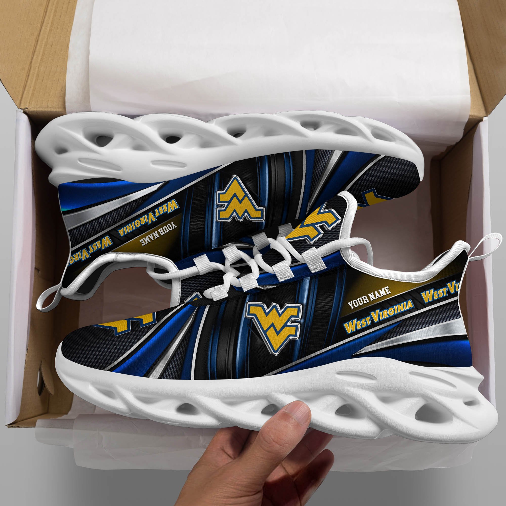 West Virginia Mountaineers White C Sneakers 2025 Version Personalized Your Name, Sport Team Sneakers, Sport Gifts PH892