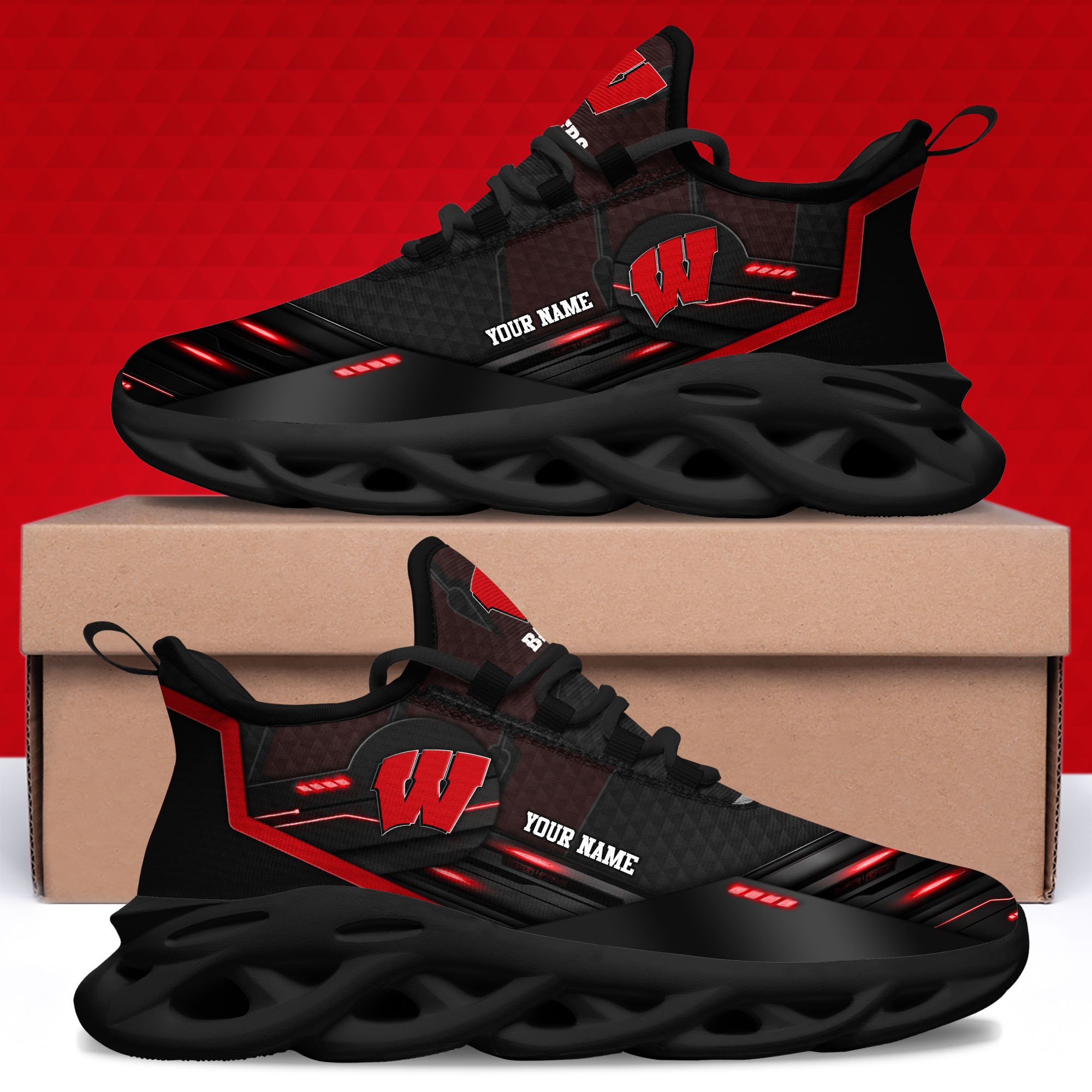 Wisconsin Badgers Black Clunky Sneaker Custom Name, Max Soul Shoes, Sport Gifts For Fan