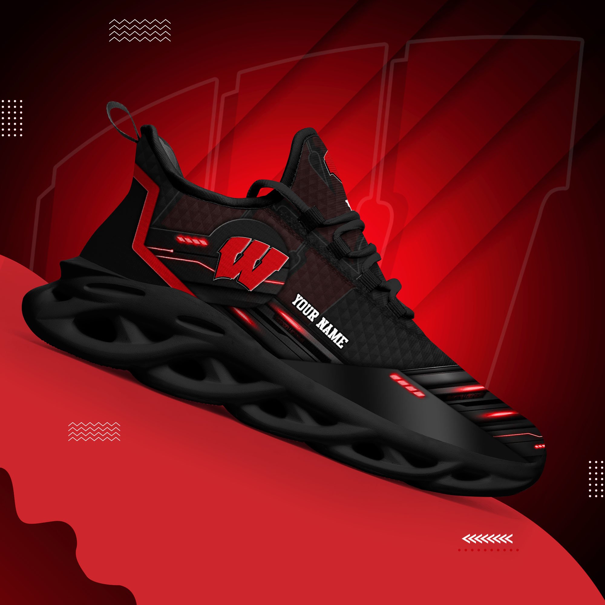 Wisconsin Badgers Black Clunky Sneaker Custom Name, Max Soul Shoes, Sport Gifts For Fan