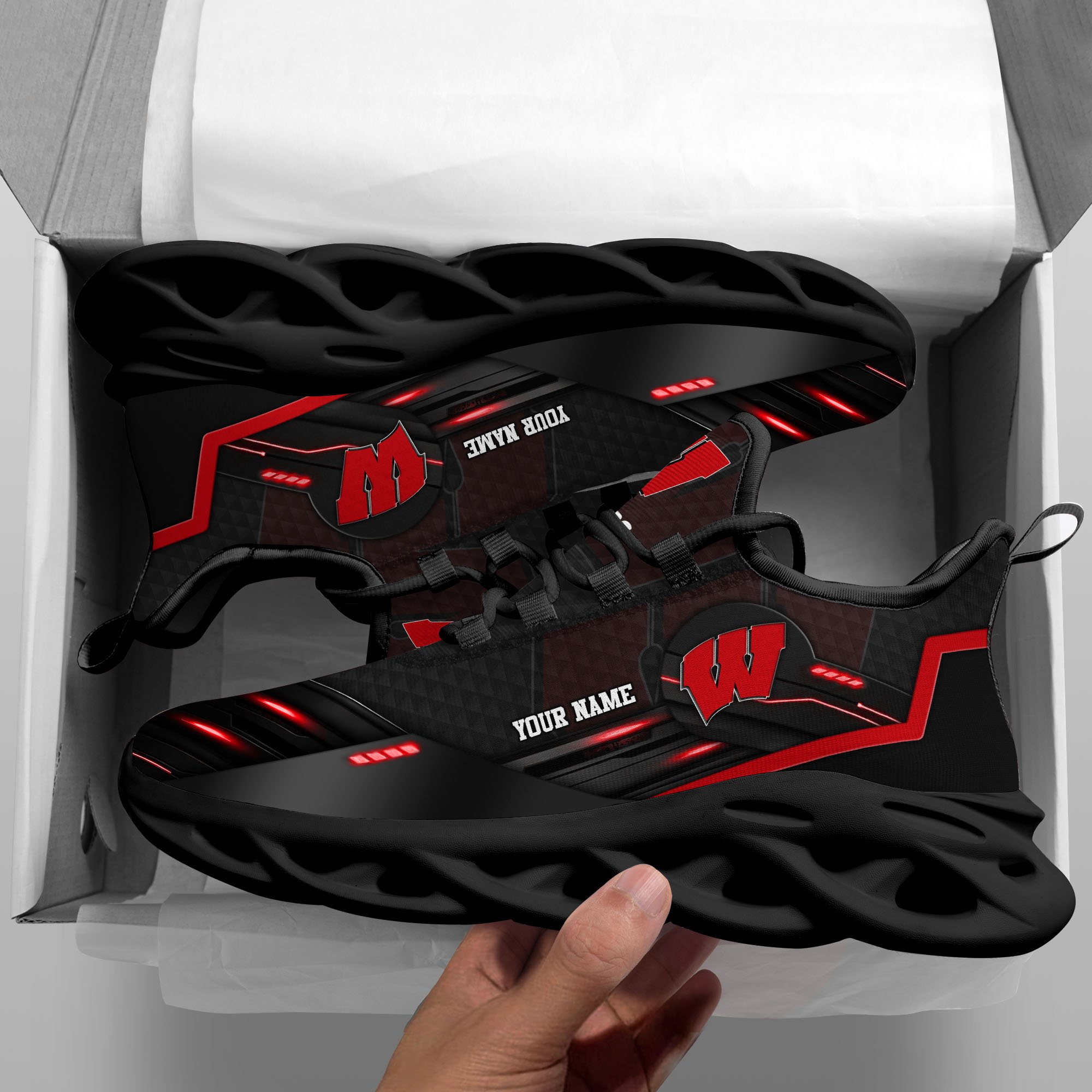 Wisconsin Badgers Black Clunky Sneaker Custom Name, Max Soul Shoes, Sport Gifts For Fan