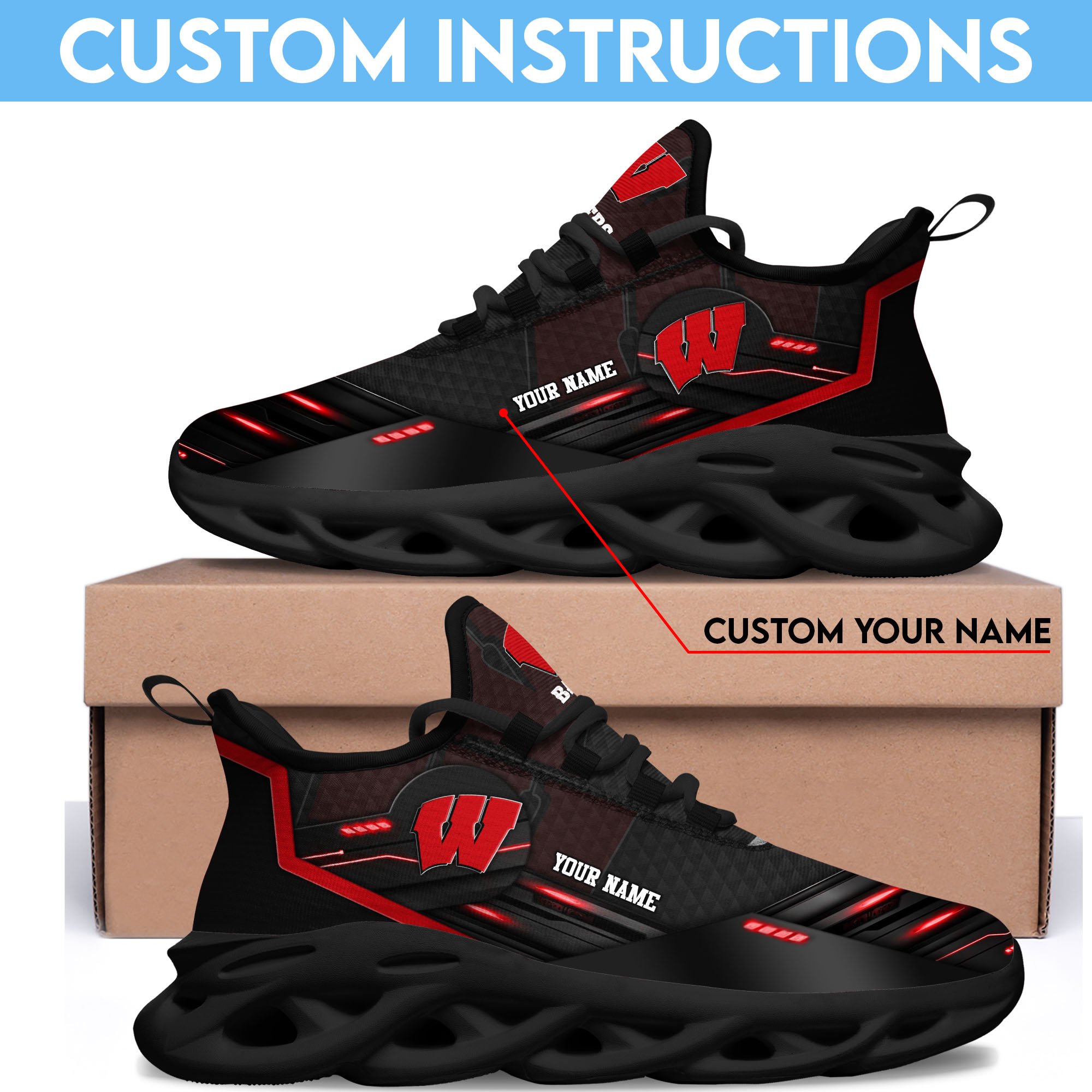 Wisconsin Badgers Black Clunky Sneaker Custom Name, Max Soul Shoes, Sport Gifts For Fan