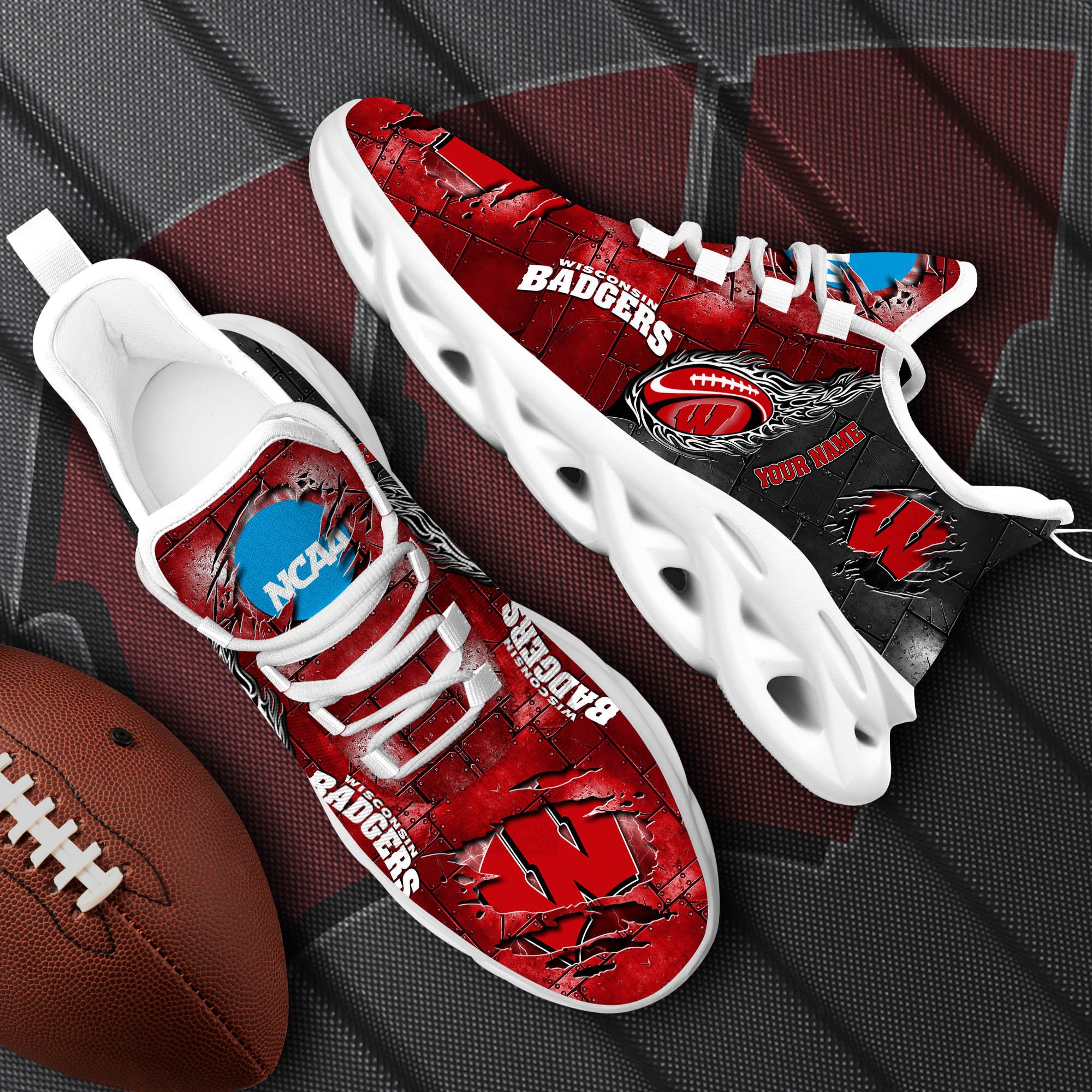 Wisconsin Badgers Black Max Soul Shoes 2025 Versions, White Max Soul Shoes Custom Your Name PH879